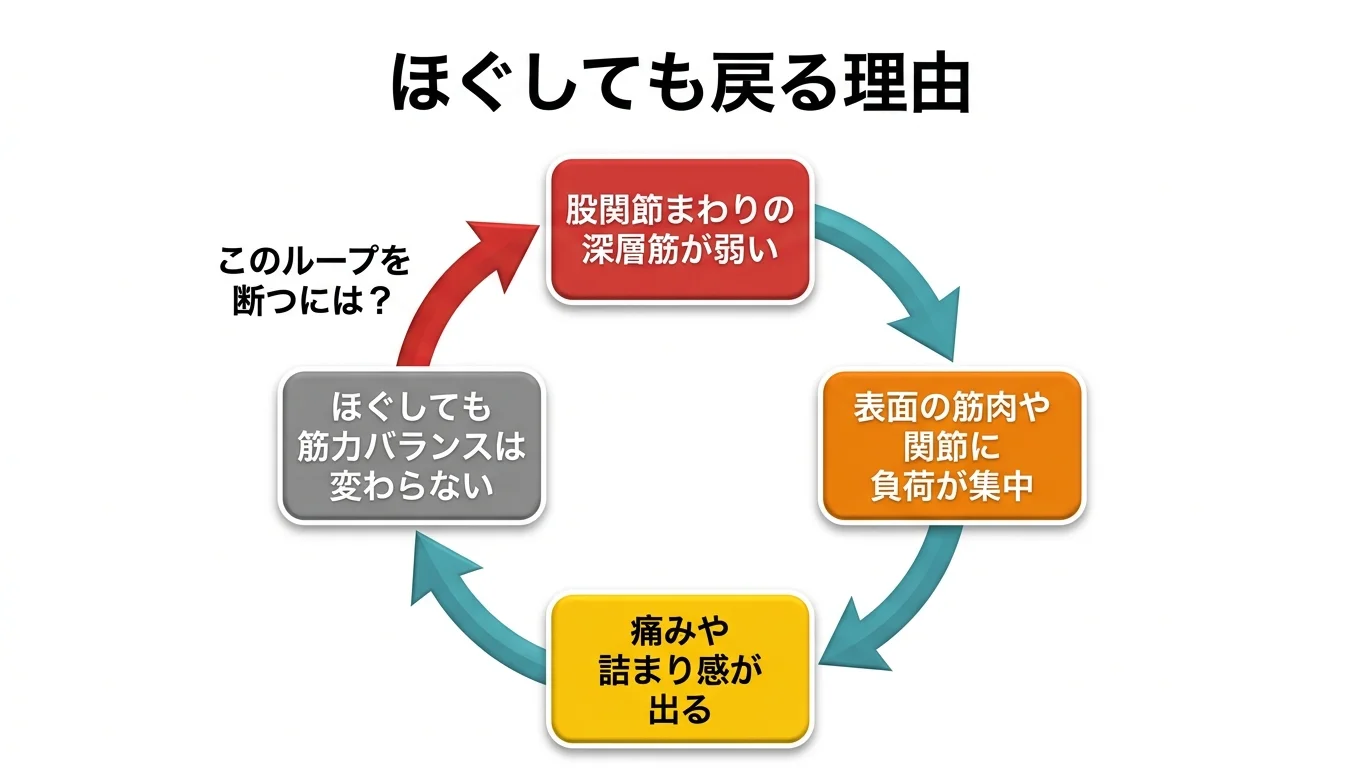 図2：「ほぐしても戻る」悪循環のメカニズム