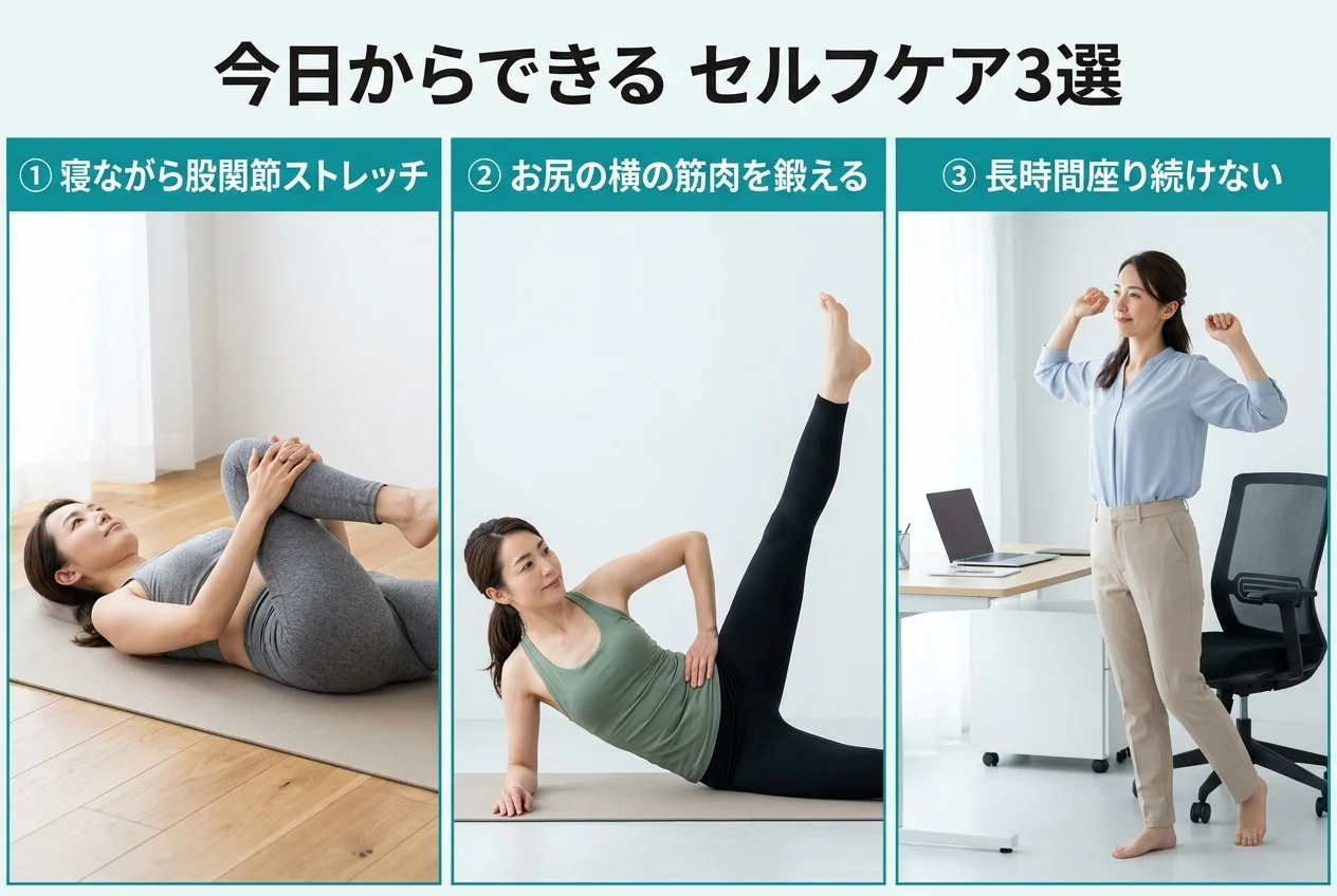 図4：自宅でできる股関節の痛みのセルフケア3選