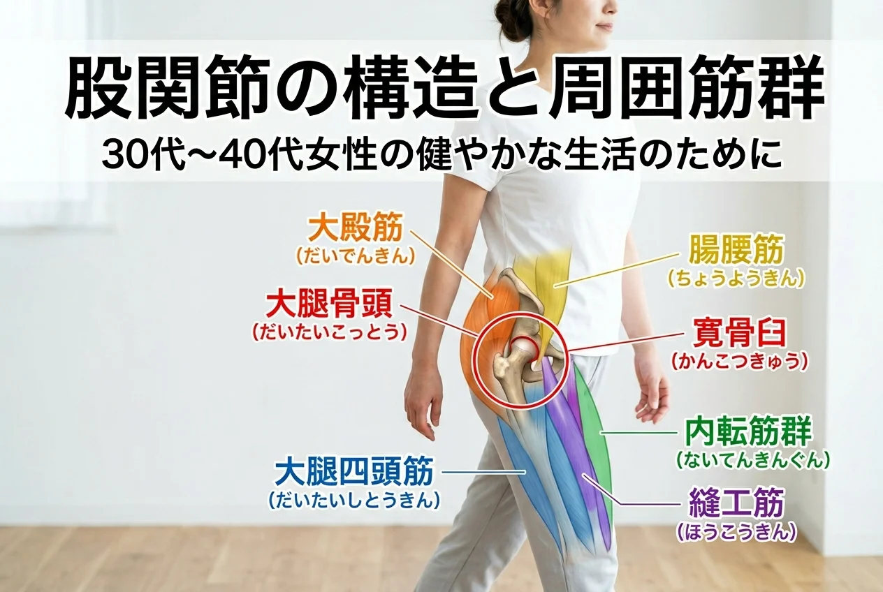 図1：股関節の痛みに関連する筋肉・関節・骨格の構造