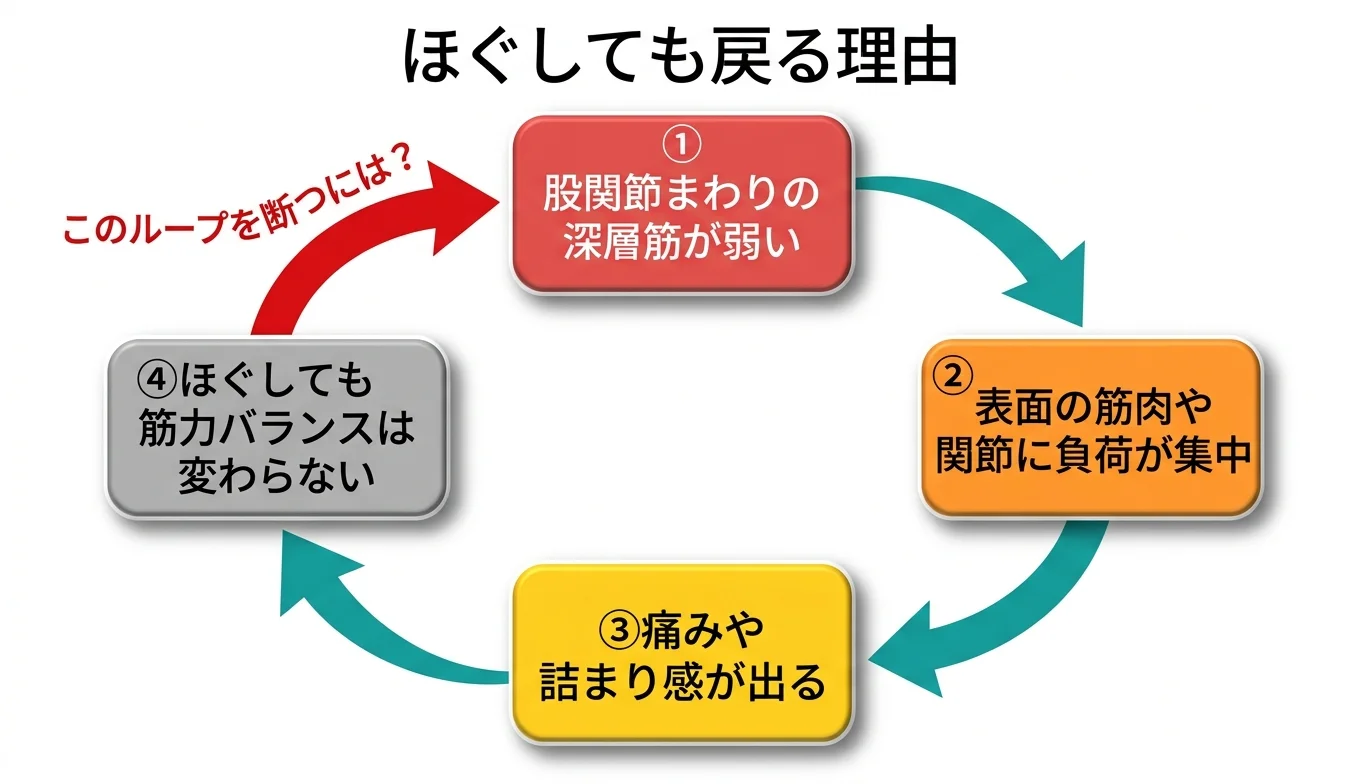 図2：「ほぐしても戻る」悪循環のメカニズム