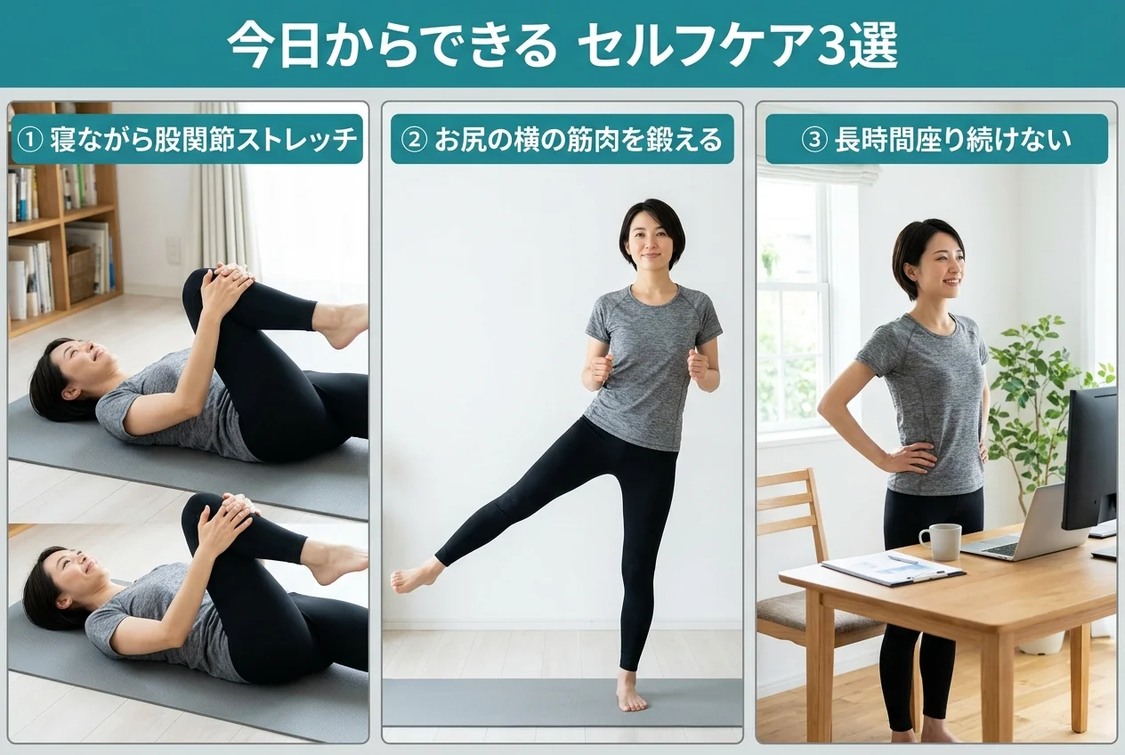 図4：自宅でできる股関節の痛みのセルフケア3選