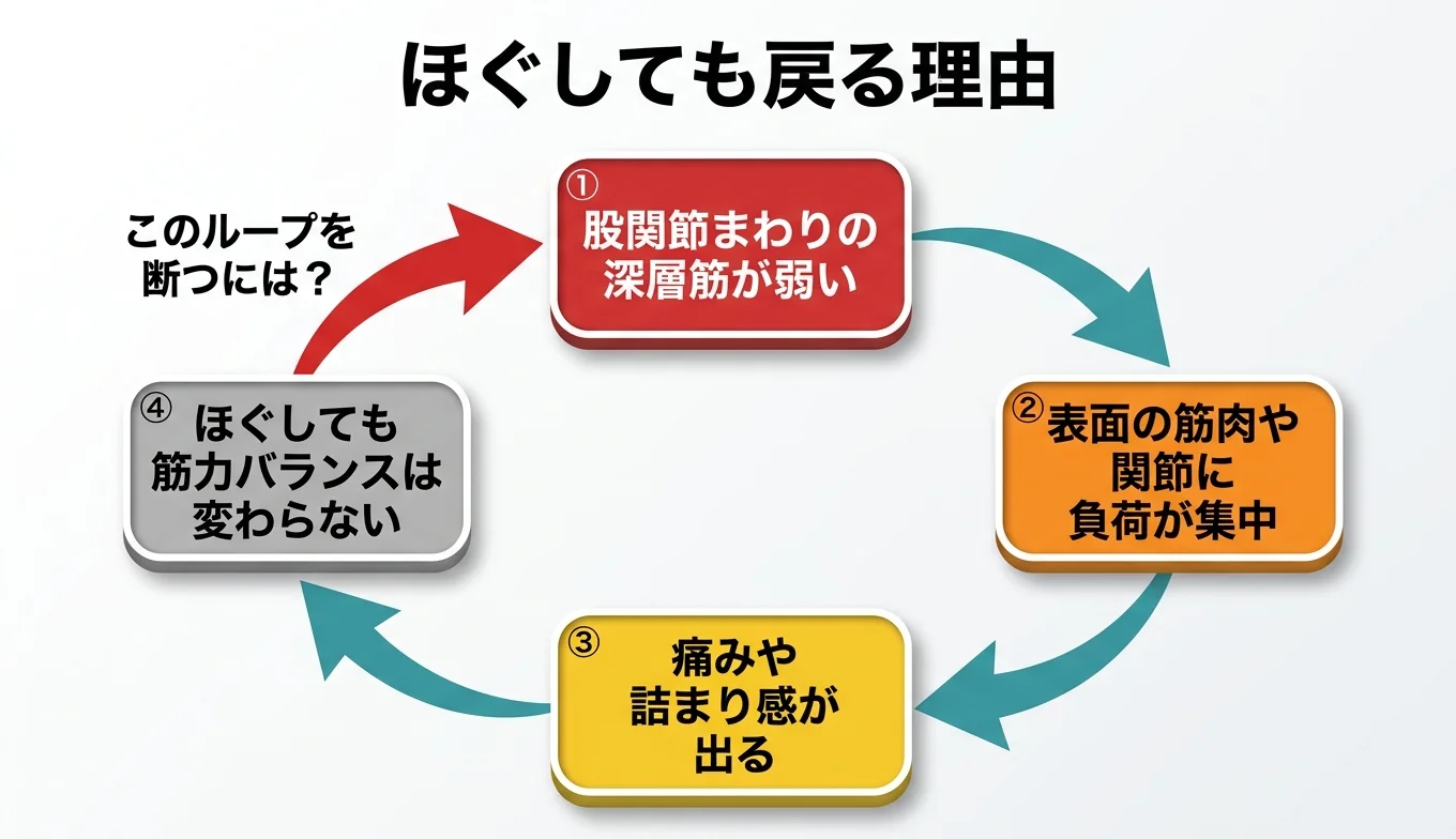 図2：「ほぐしても戻る」悪循環のメカニズム