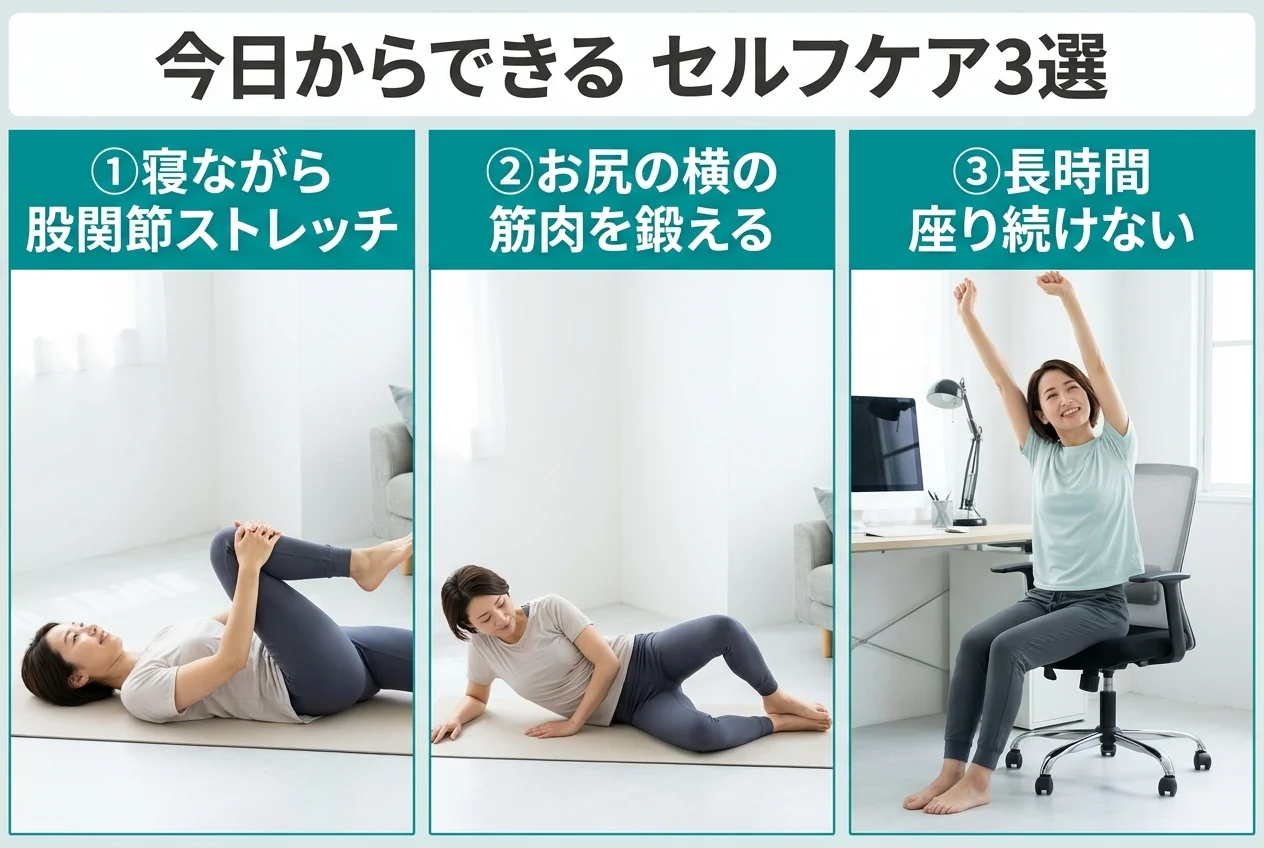 図4：自宅でできる股関節の痛みのセルフケア3選
