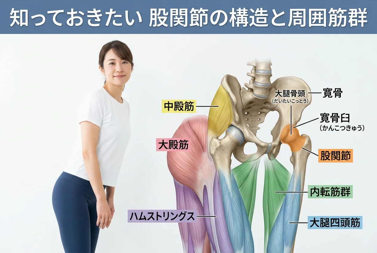 図1：股関節の痛みに関連する筋肉・関節・骨格の構造