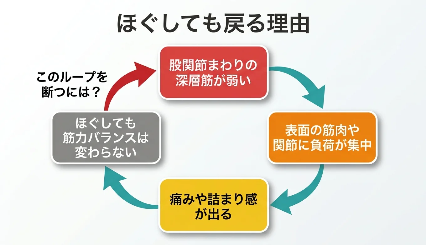 図2：「ほぐしても戻る」悪循環のメカニズム