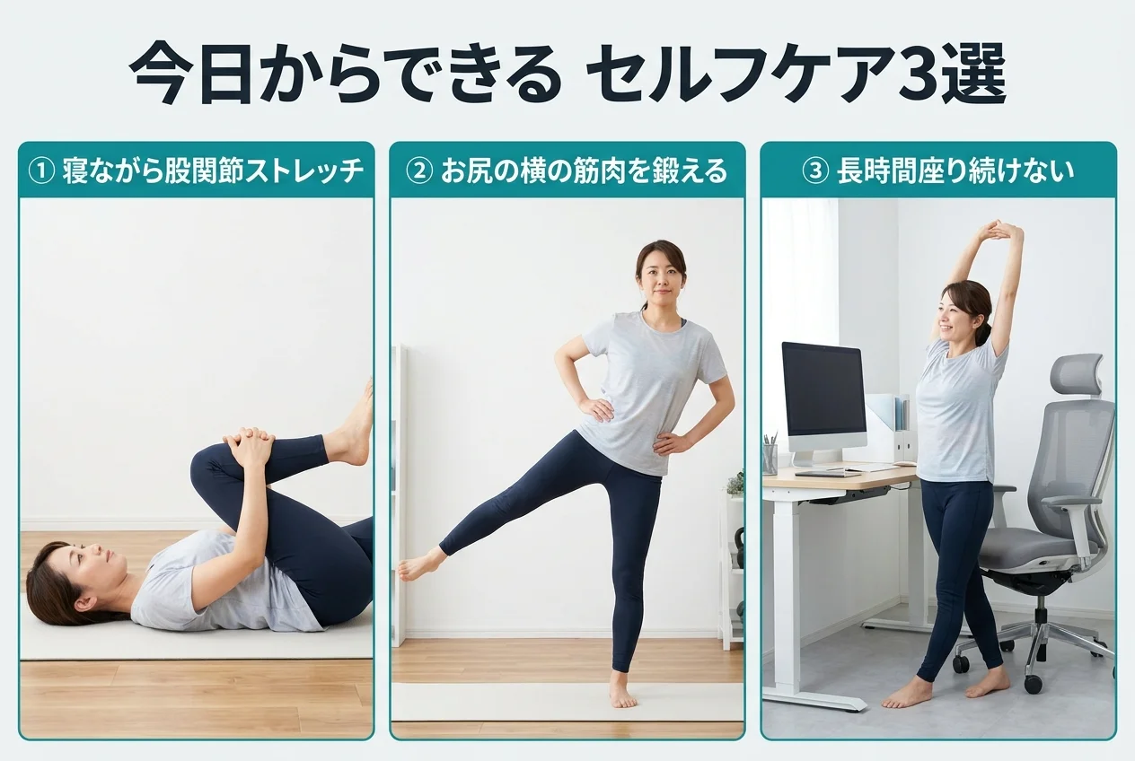 図4：自宅でできる股関節の痛みのセルフケア3選