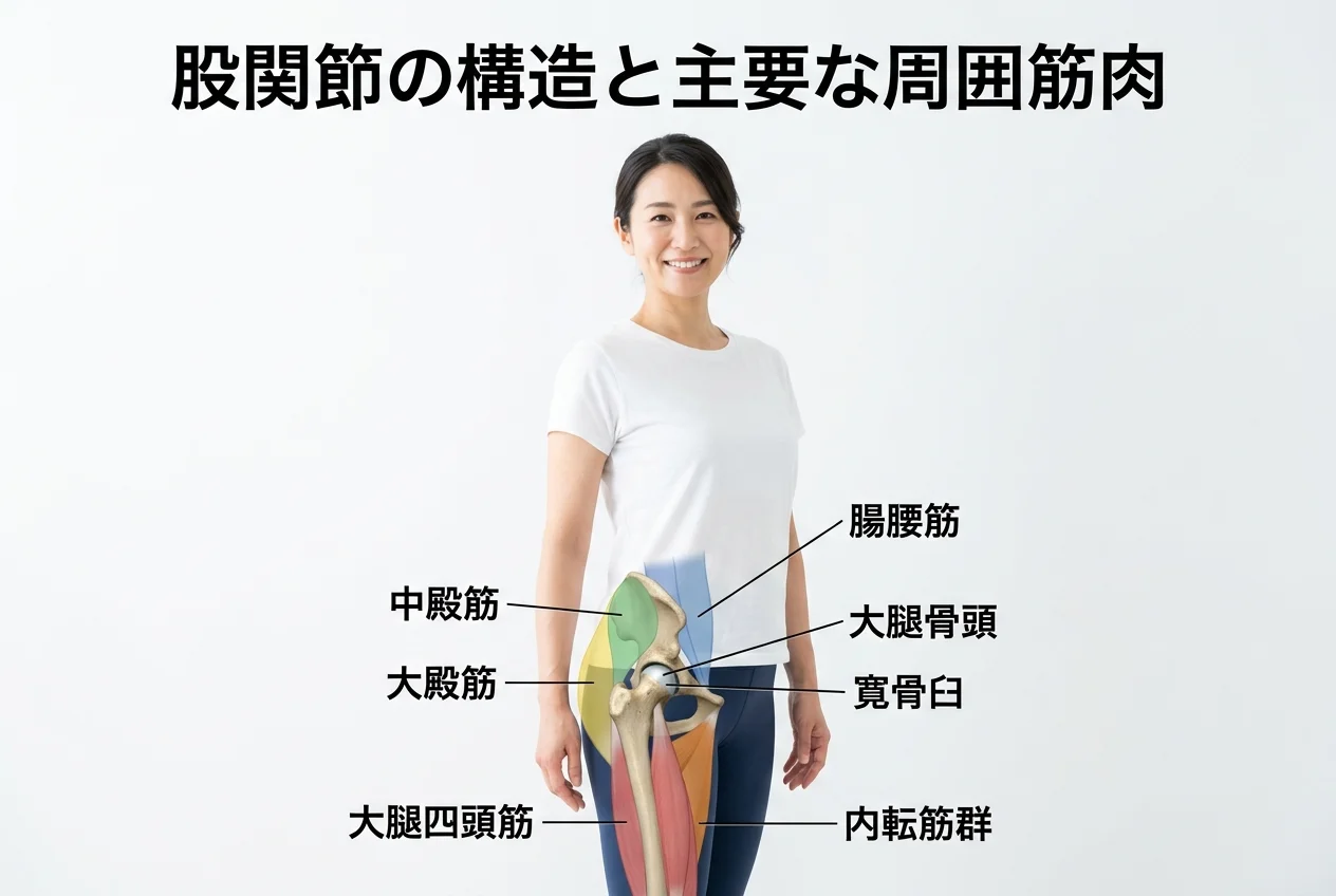 図1：股関節の痛みに関連する筋肉・関節・骨格の構造