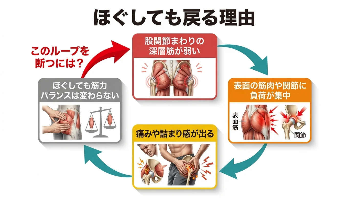 図2：「ほぐしても戻る」悪循環のメカニズム
