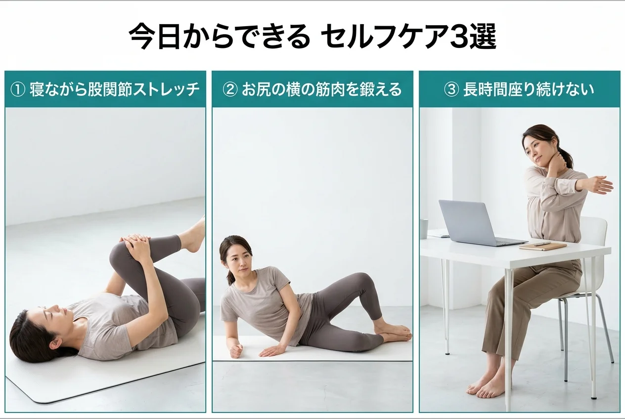 図4：自宅でできる股関節の痛みのセルフケア3選