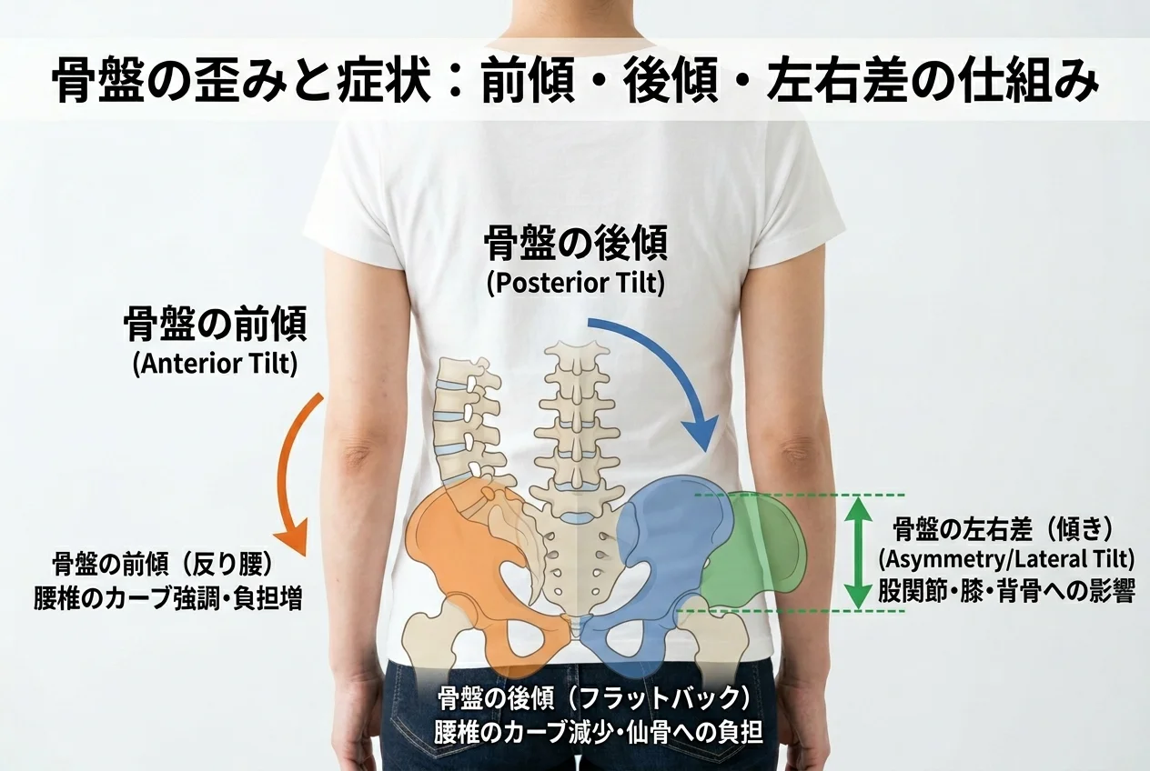 図1：骨盤矯正に関連する筋肉・関節・骨格の構造
