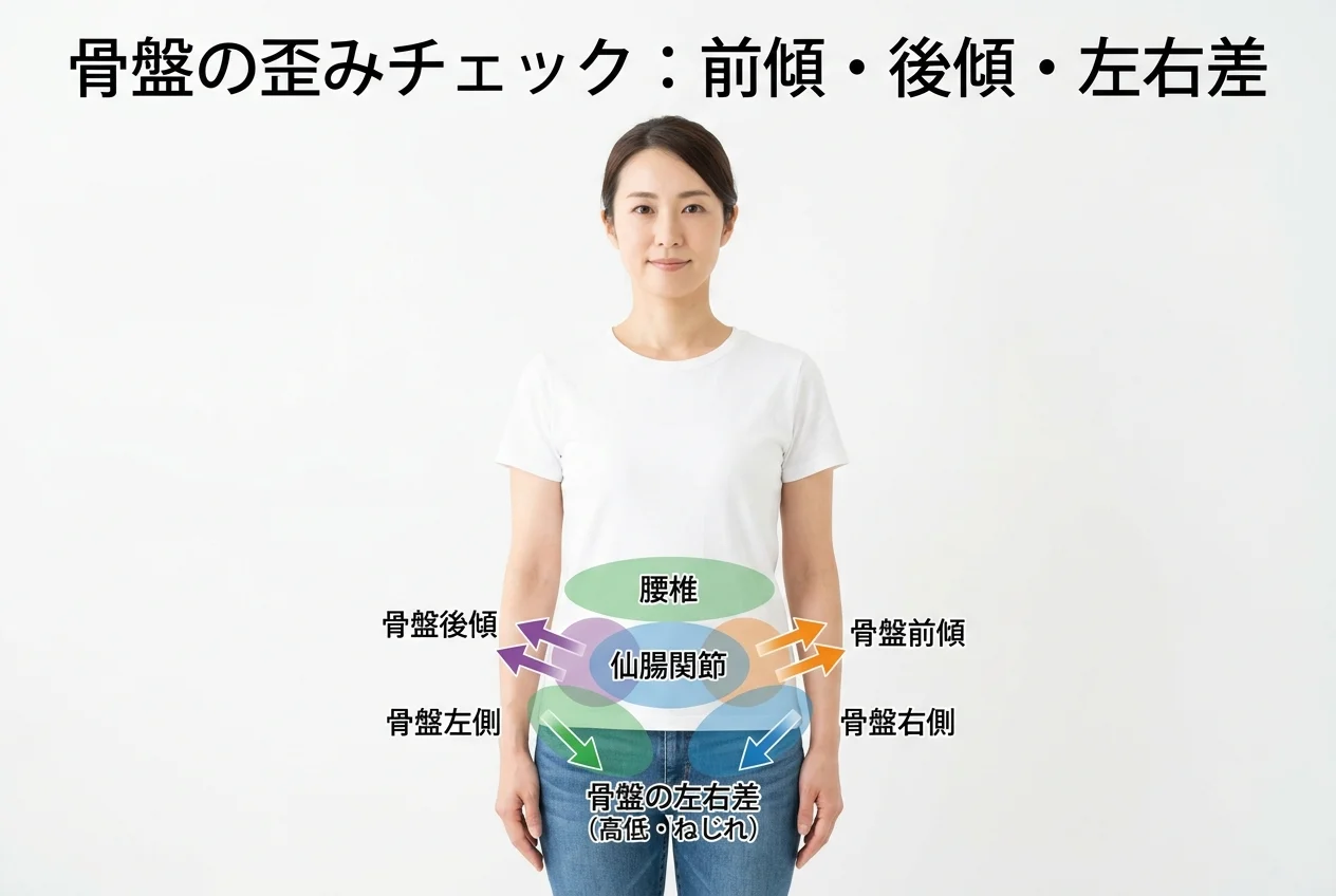 図1：骨盤矯正に関連する筋肉・関節・骨格の構造