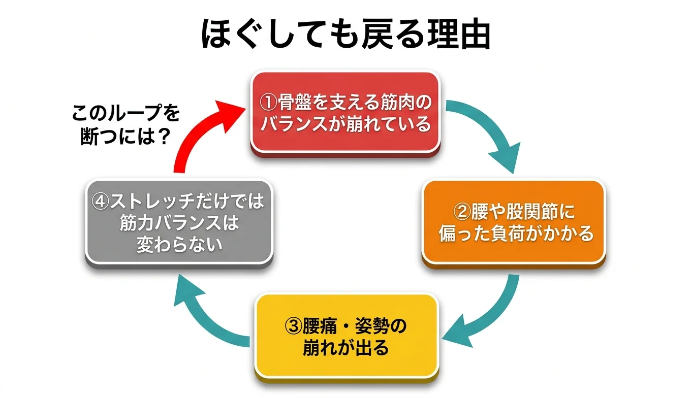 図2：「ほぐしても戻る」悪循環のメカニズム