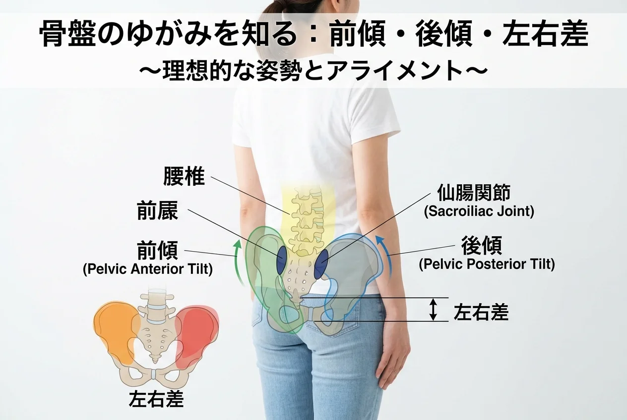 図1：骨盤矯正に関連する筋肉・関節・骨格の構造