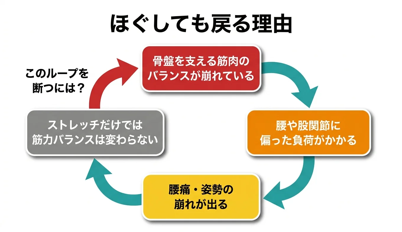 図2：「ほぐしても戻る」悪循環のメカニズム