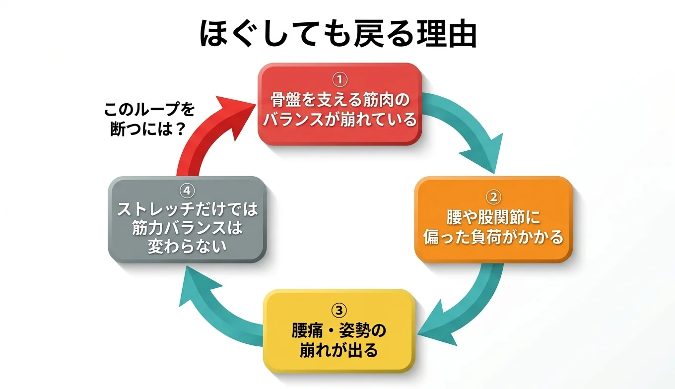 図2：「ほぐしても戻る」悪循環のメカニズム