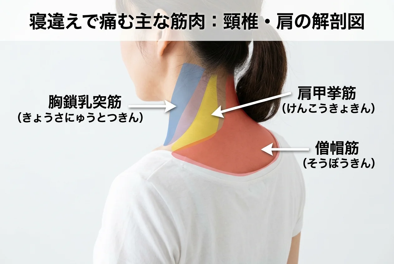 図1：寝違えに関連する筋肉・関節・骨格の構造