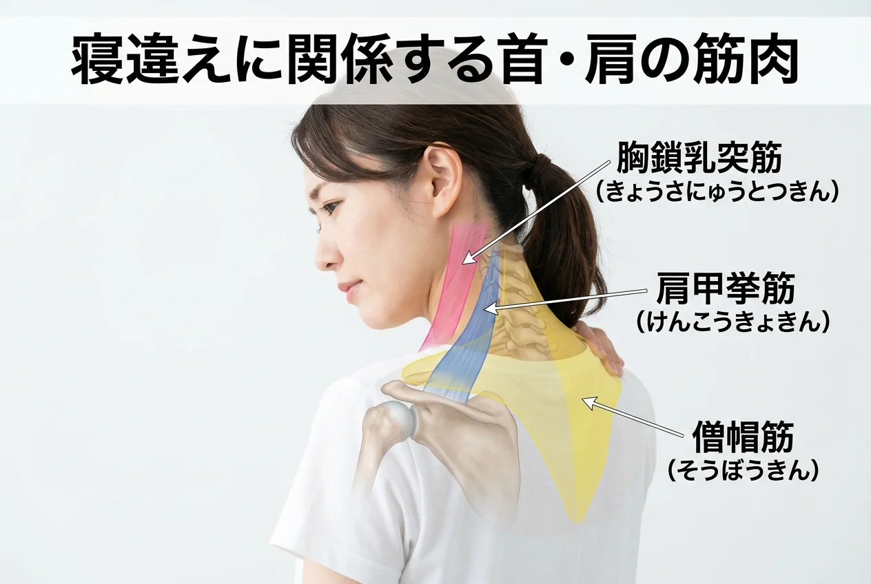 図1：寝違えに関連する筋肉・関節・骨格の構造