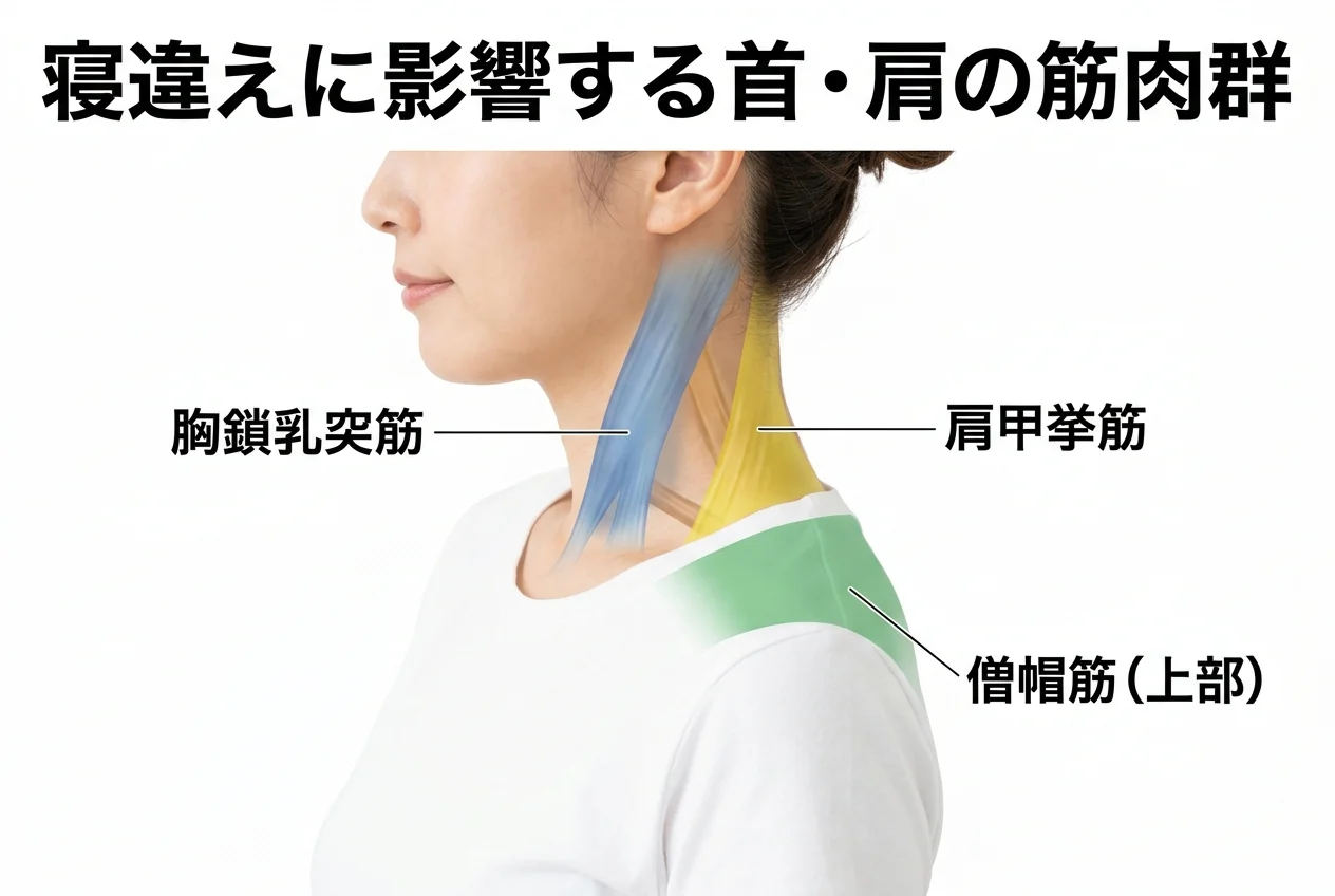 図1：寝違えに関連する筋肉・関節・骨格の構造