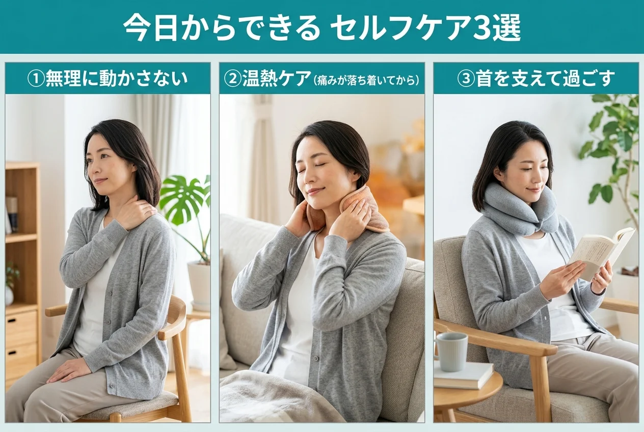 図4：自宅でできる寝違えのセルフケア3選