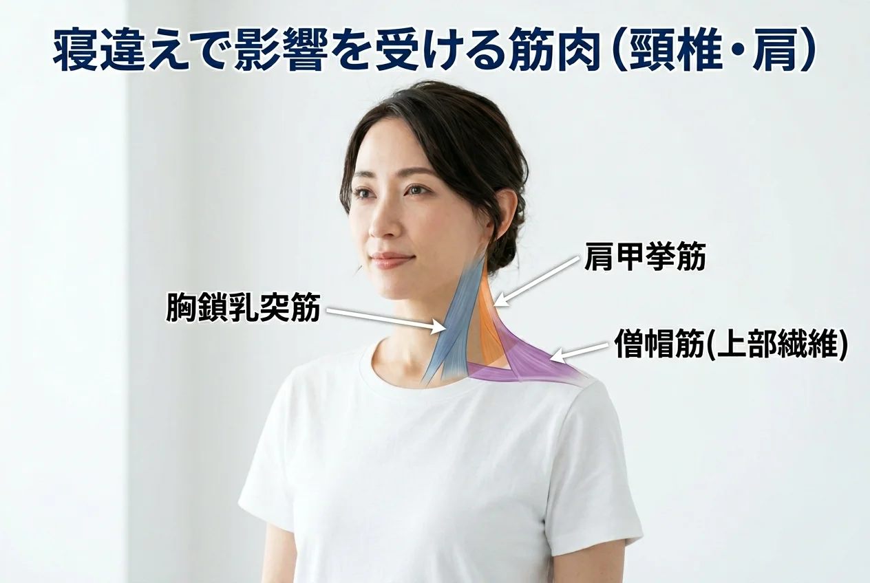 図1：寝違えに関連する筋肉・関節・骨格の構造