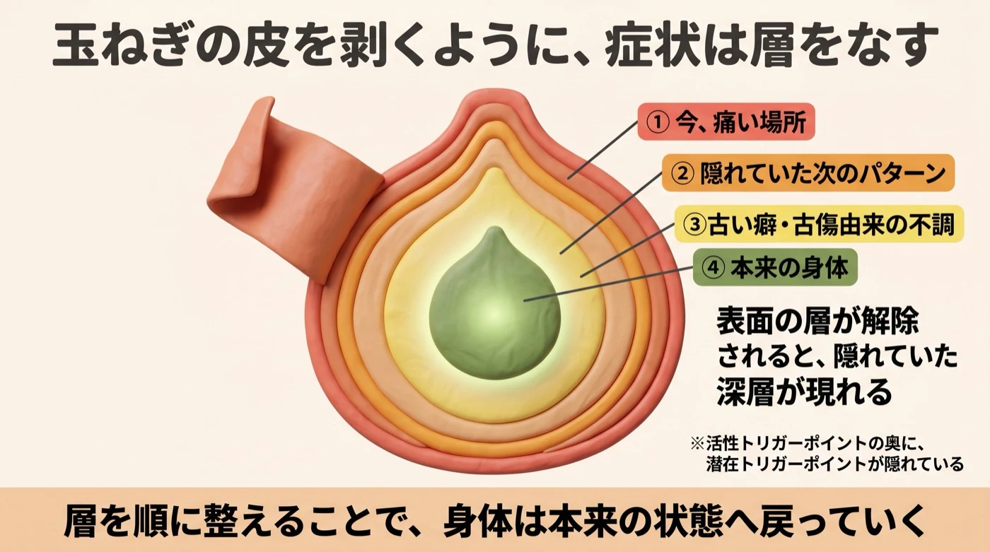 玉ねぎの皮を剥くように、症状は層をなす。①今痛い場所→②隠れていた次のパターン→③古い癖・古傷由来の不調→④本来の身体（中心）