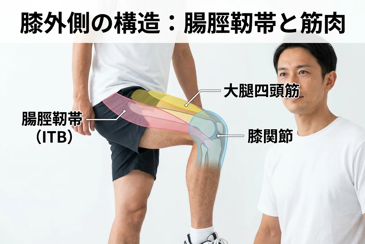 図1：ランナー膝に関連する筋肉・関節・骨格の構造