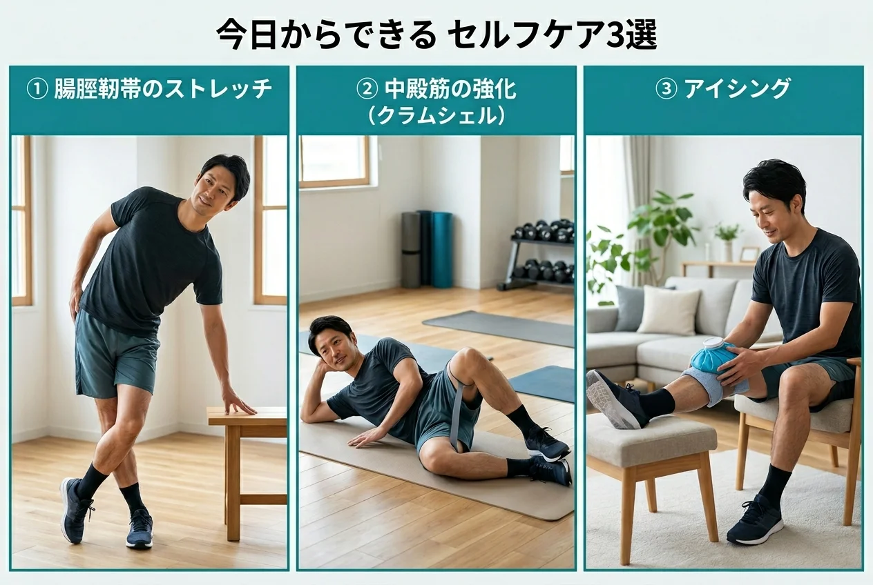 図4：自宅でできるランナー膝のセルフケア3選