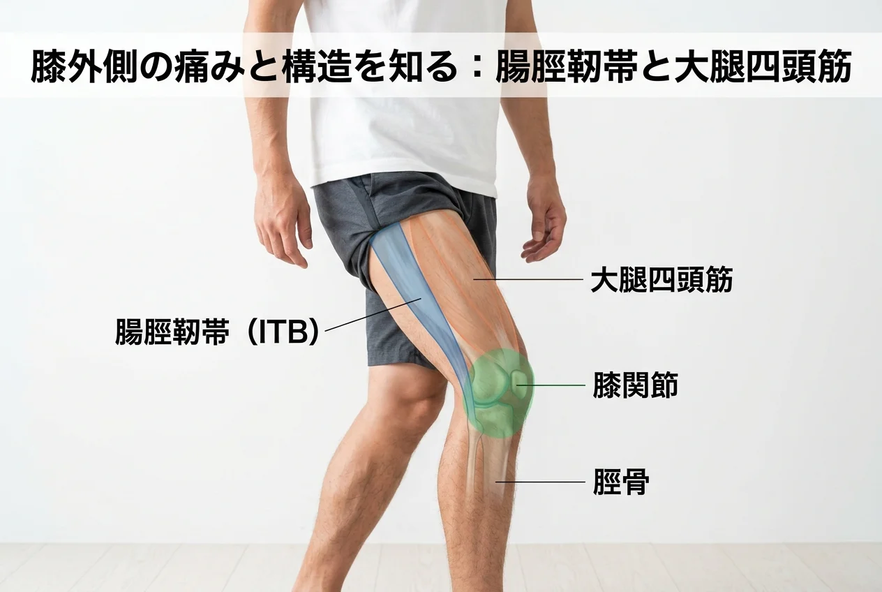 図1：ランナー膝に関連する筋肉・関節・骨格の構造