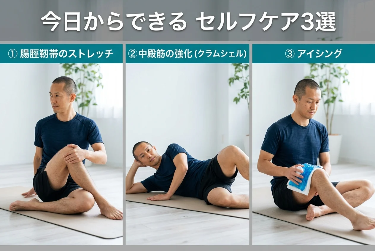 図4：自宅でできるランナー膝のセルフケア3選