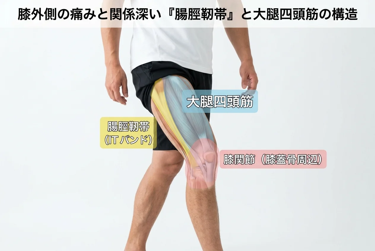図1：ランナー膝に関連する筋肉・関節・骨格の構造