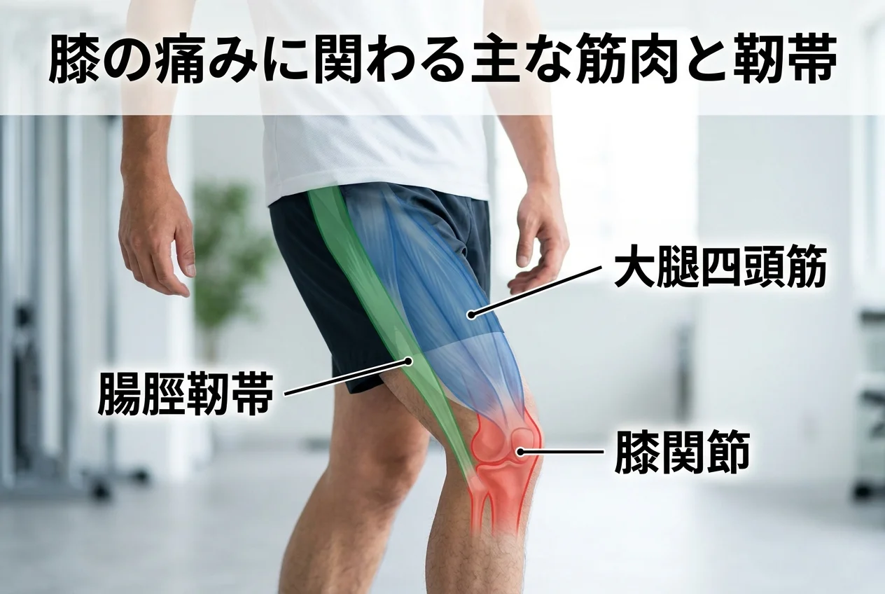 図1：ランナー膝に関連する筋肉・関節・骨格の構造