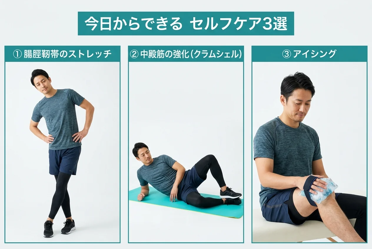 図4：自宅でできるランナー膝のセルフケア3選