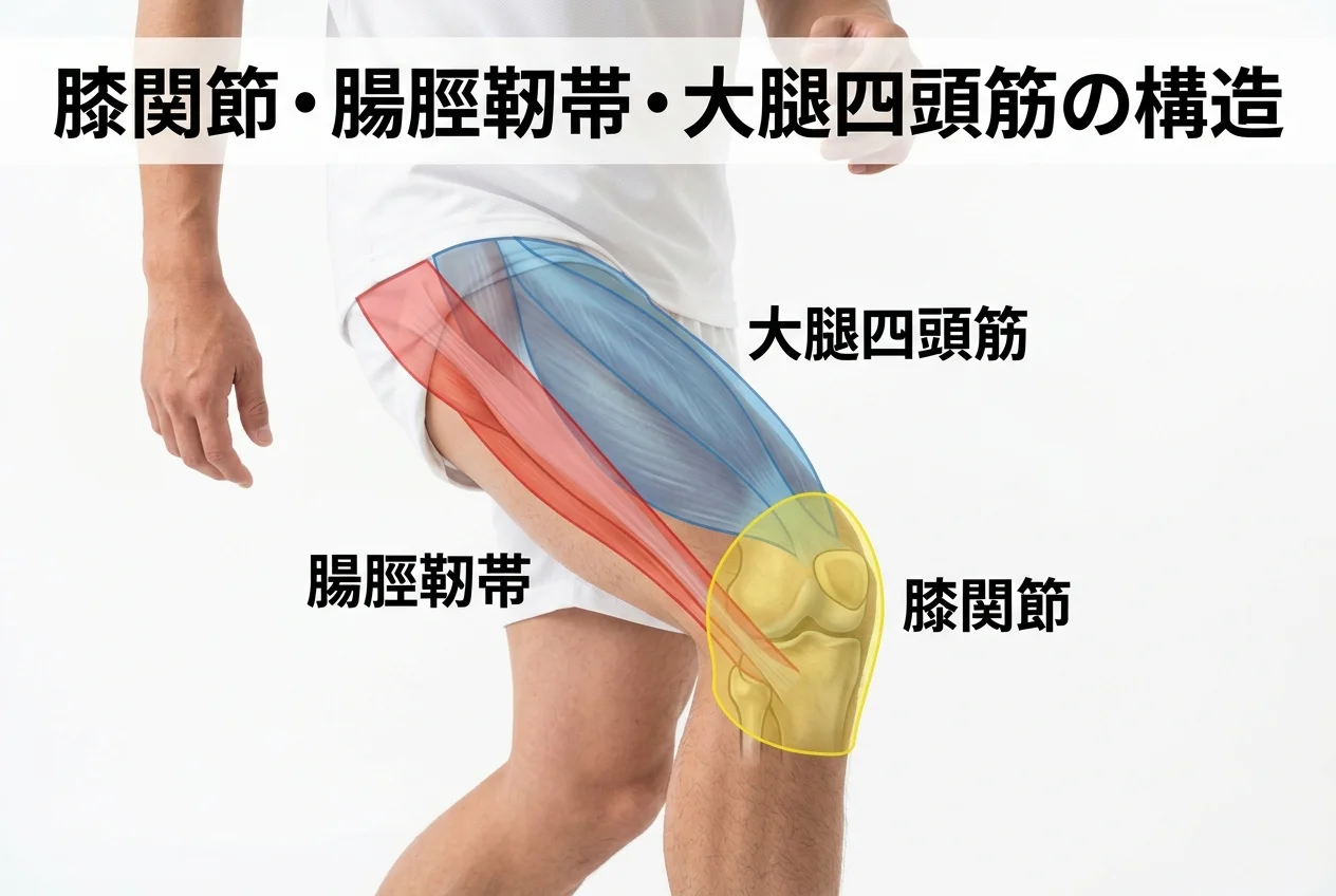 図1：ランナー膝に関連する筋肉・関節・骨格の構造