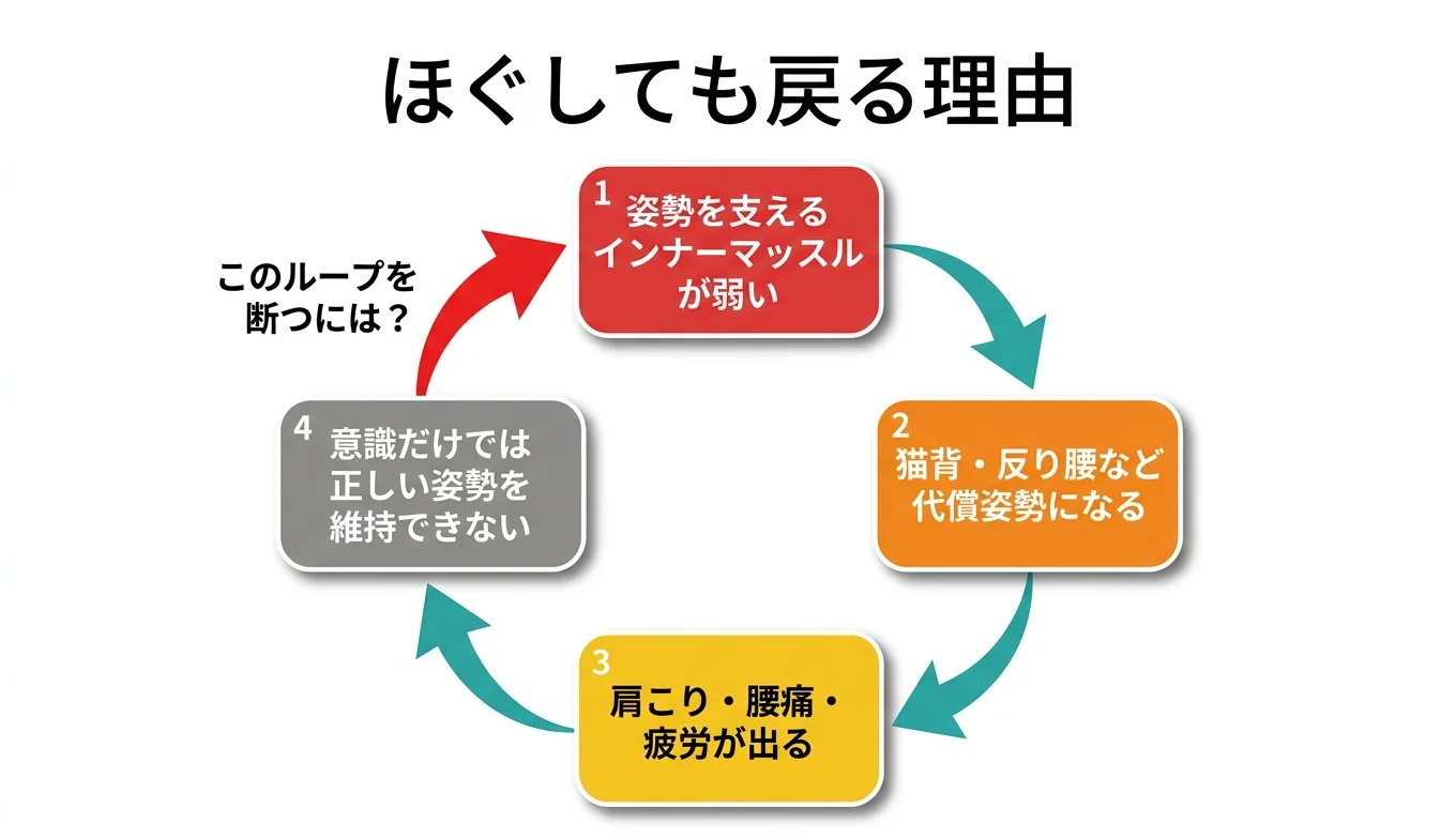 図2：「ほぐしても戻る」悪循環のメカニズム