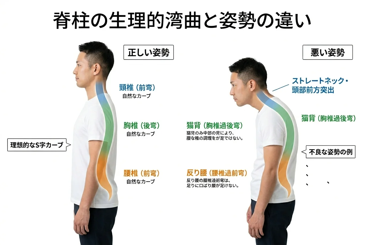 図1：姿勢矯正に関連する筋肉・関節・骨格の構造