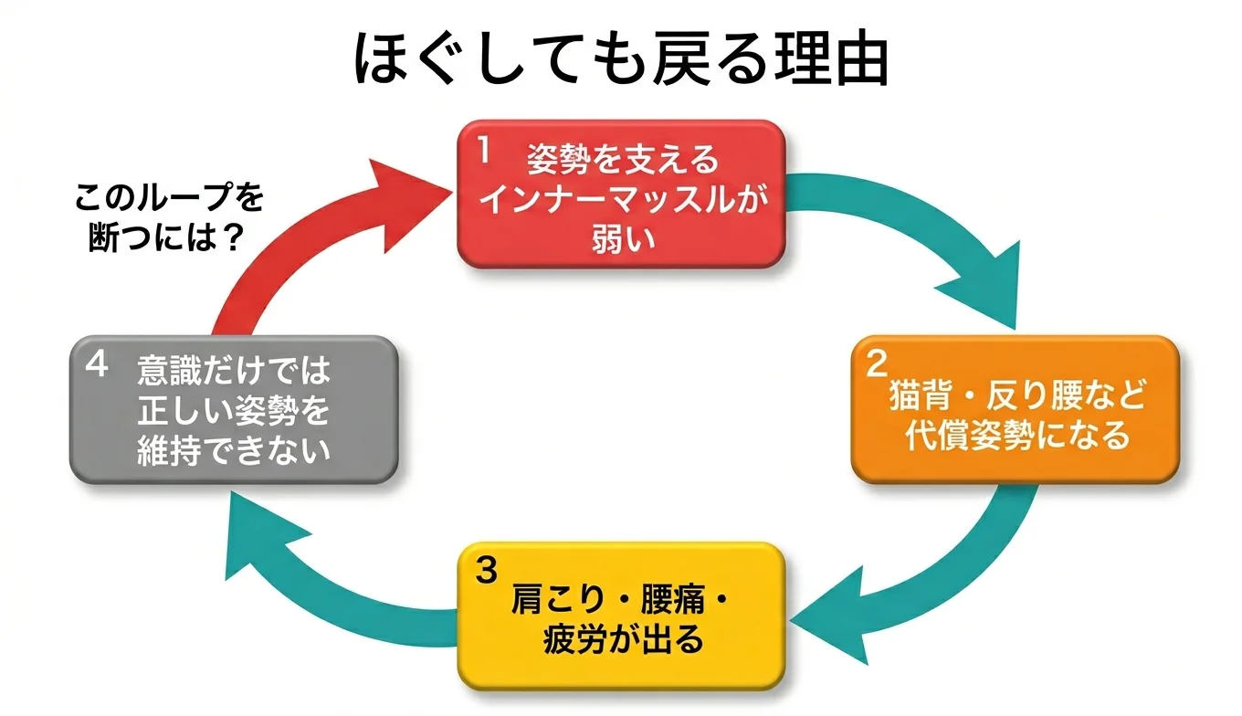 図2：「ほぐしても戻る」悪循環のメカニズム