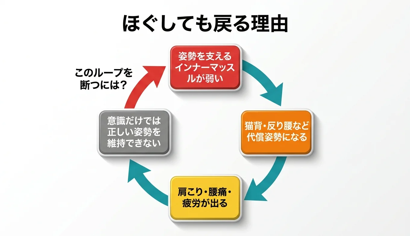 図2：「ほぐしても戻る」悪循環のメカニズム