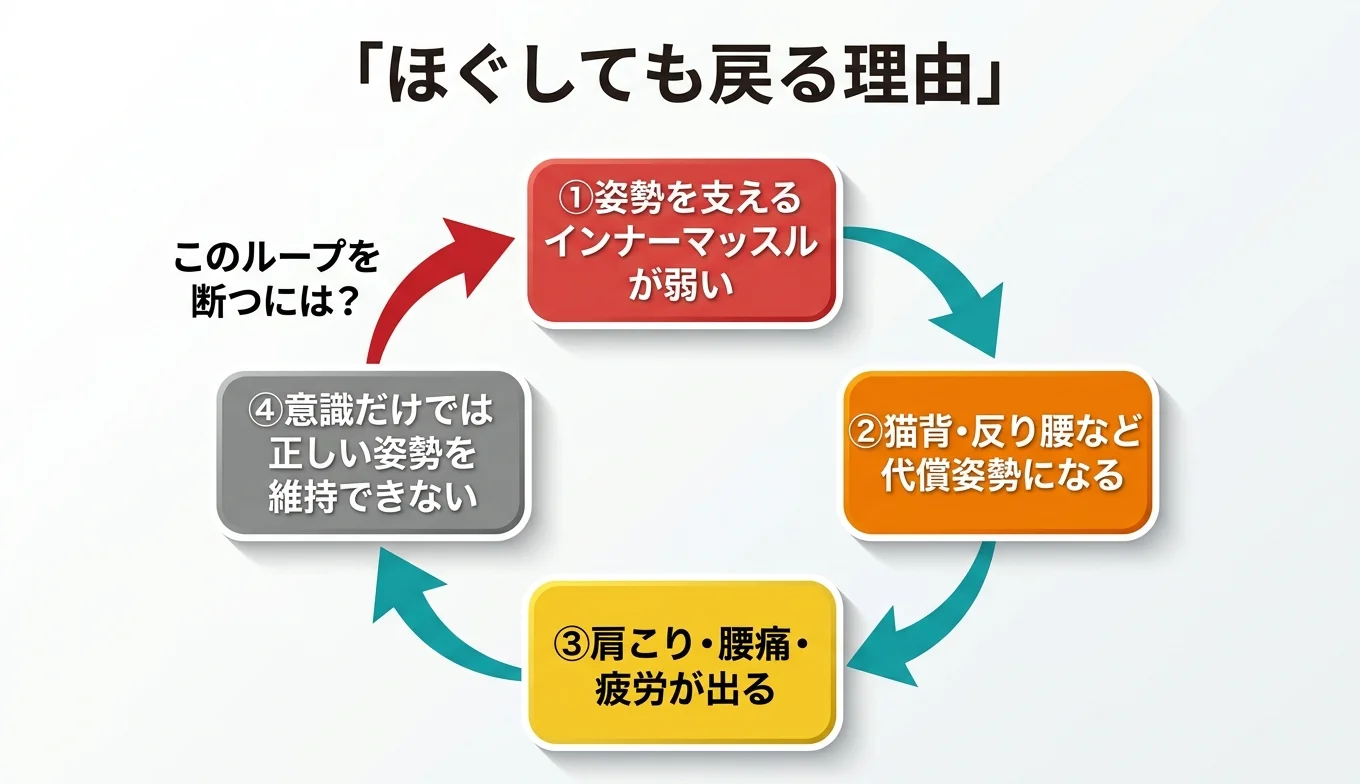 図2：「ほぐしても戻る」悪循環のメカニズム