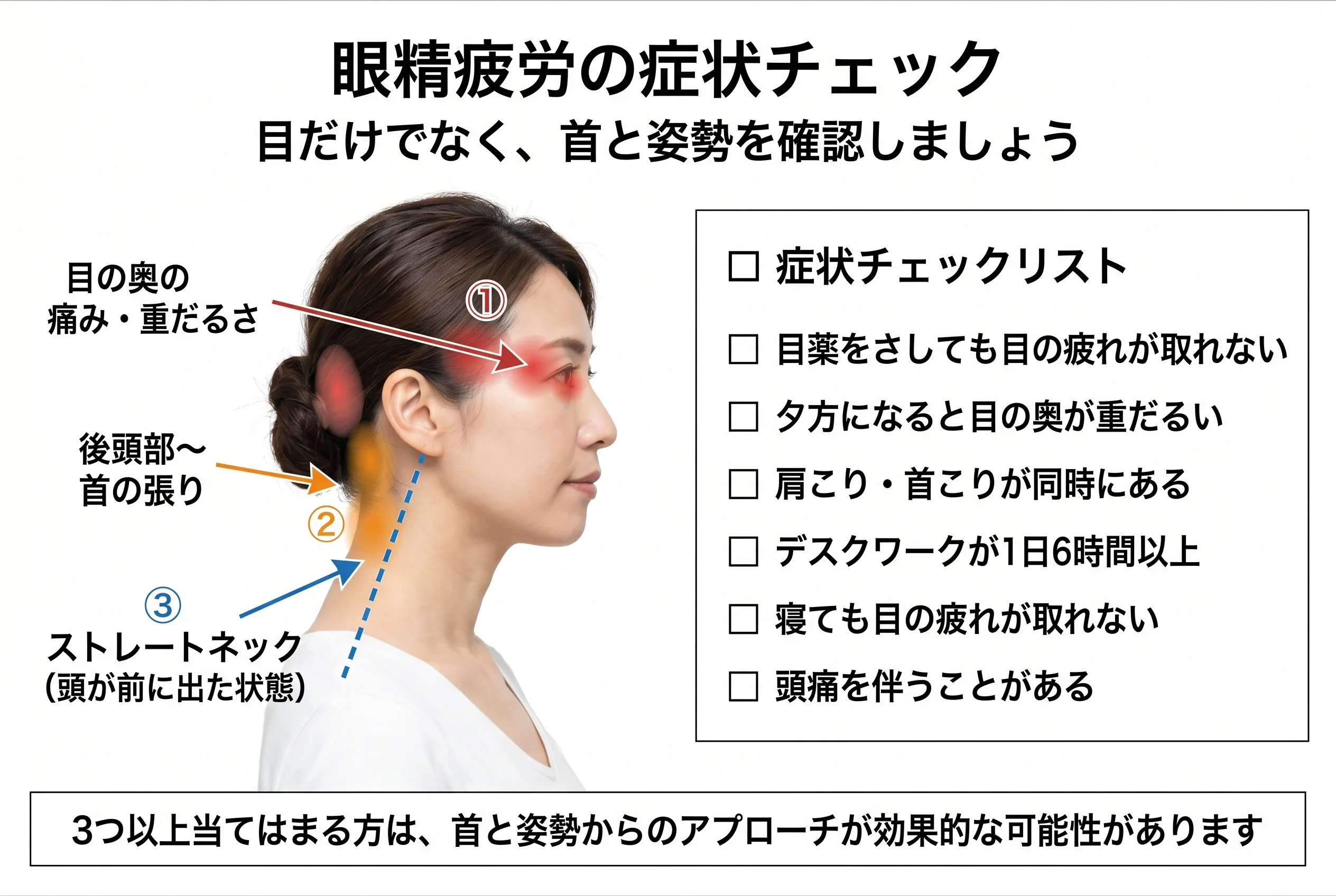 眼精疲労の症状チェック：目の奥の痛み・後頭部〜首の張り・ストレートネックの3つのポイント