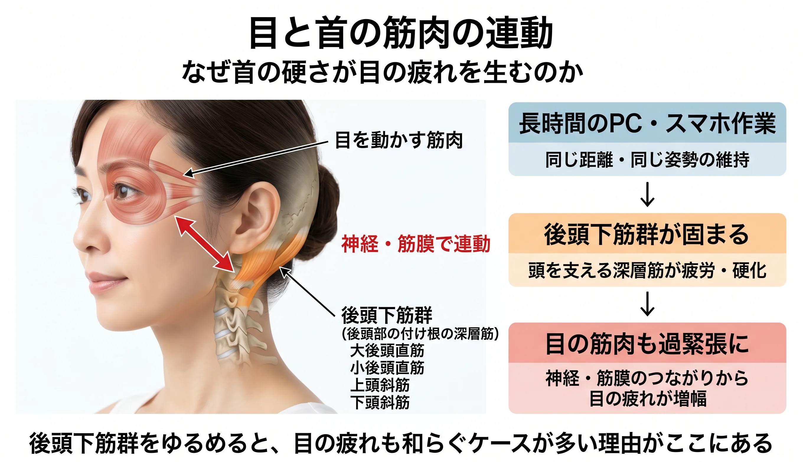 目と首の筋肉の連動を示す図解：目の筋肉と後頭下筋群が神経・筋膜で連動するメカニズム