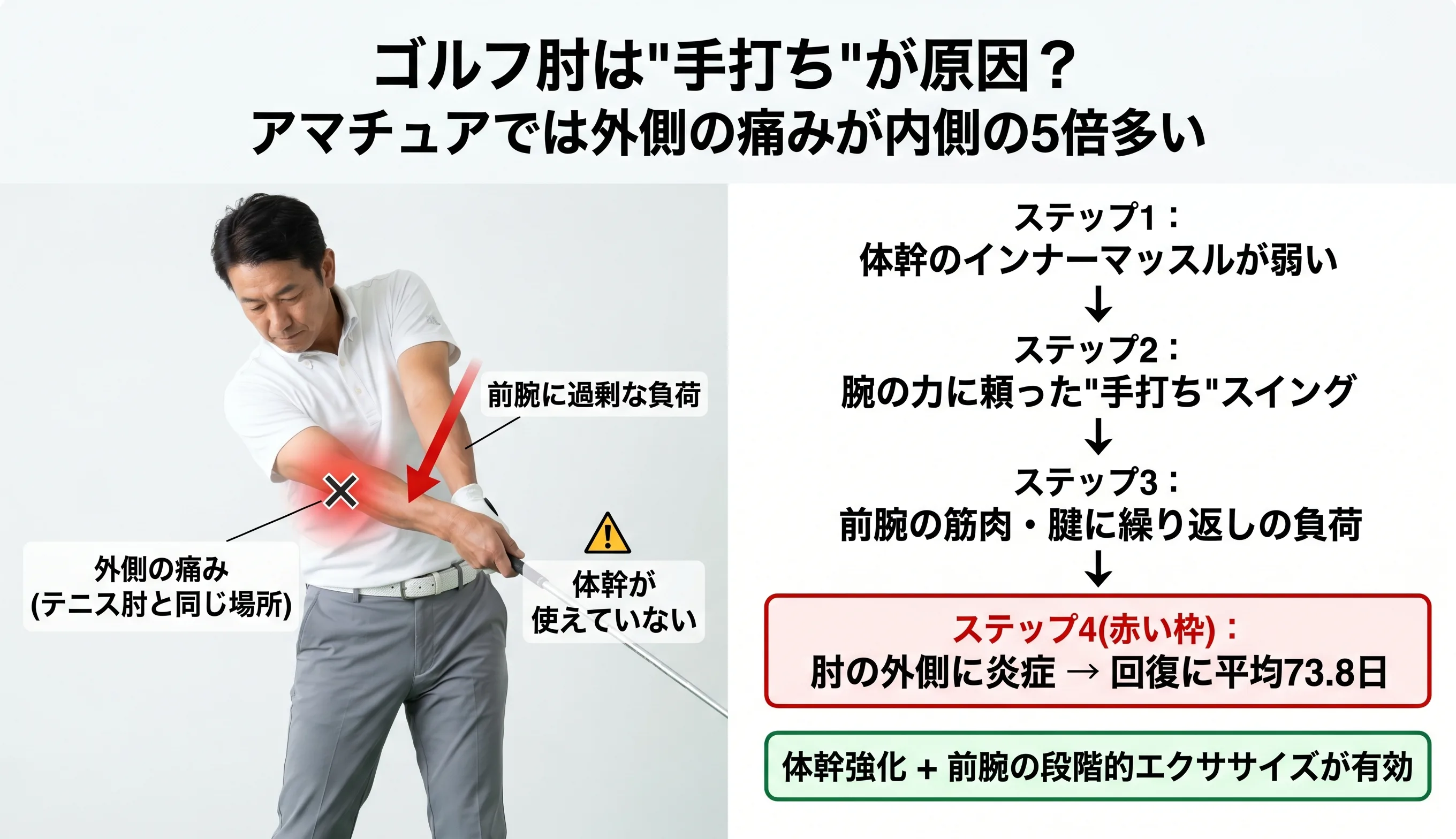 ゴルフ肘は手打ちが原因：体幹が弱い→手打ちスイング→前腕に負荷→肘の外側に炎症のメカニズム図