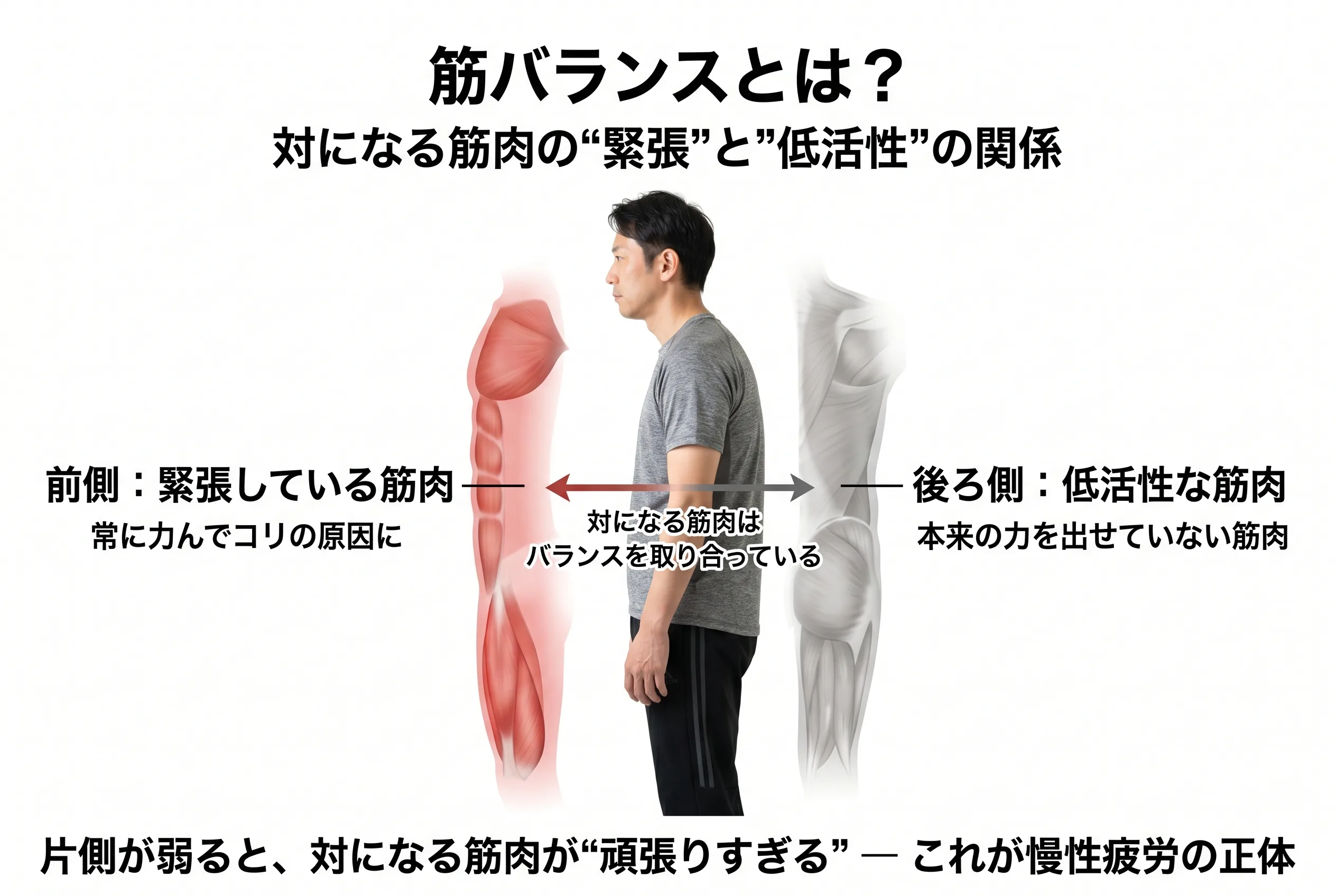 筋バランスの図解：前側(緊張する筋肉)と後ろ側(低活性な筋肉)が対になり全身のバランスを取り合う