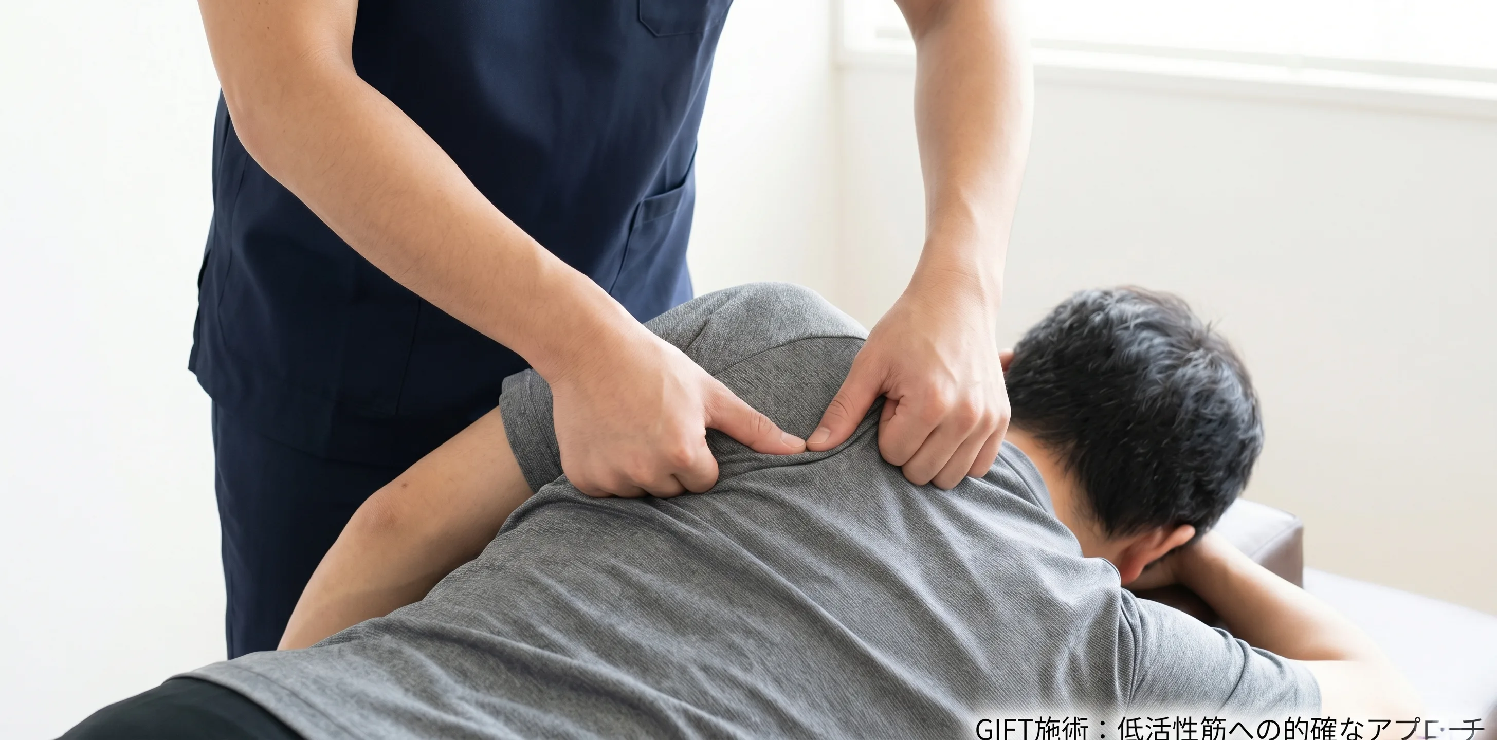 GIFT施術中の手元クローズアップ：施術者がうつ伏せ患者の肩甲骨まわりに丁寧な手技を行っている様子