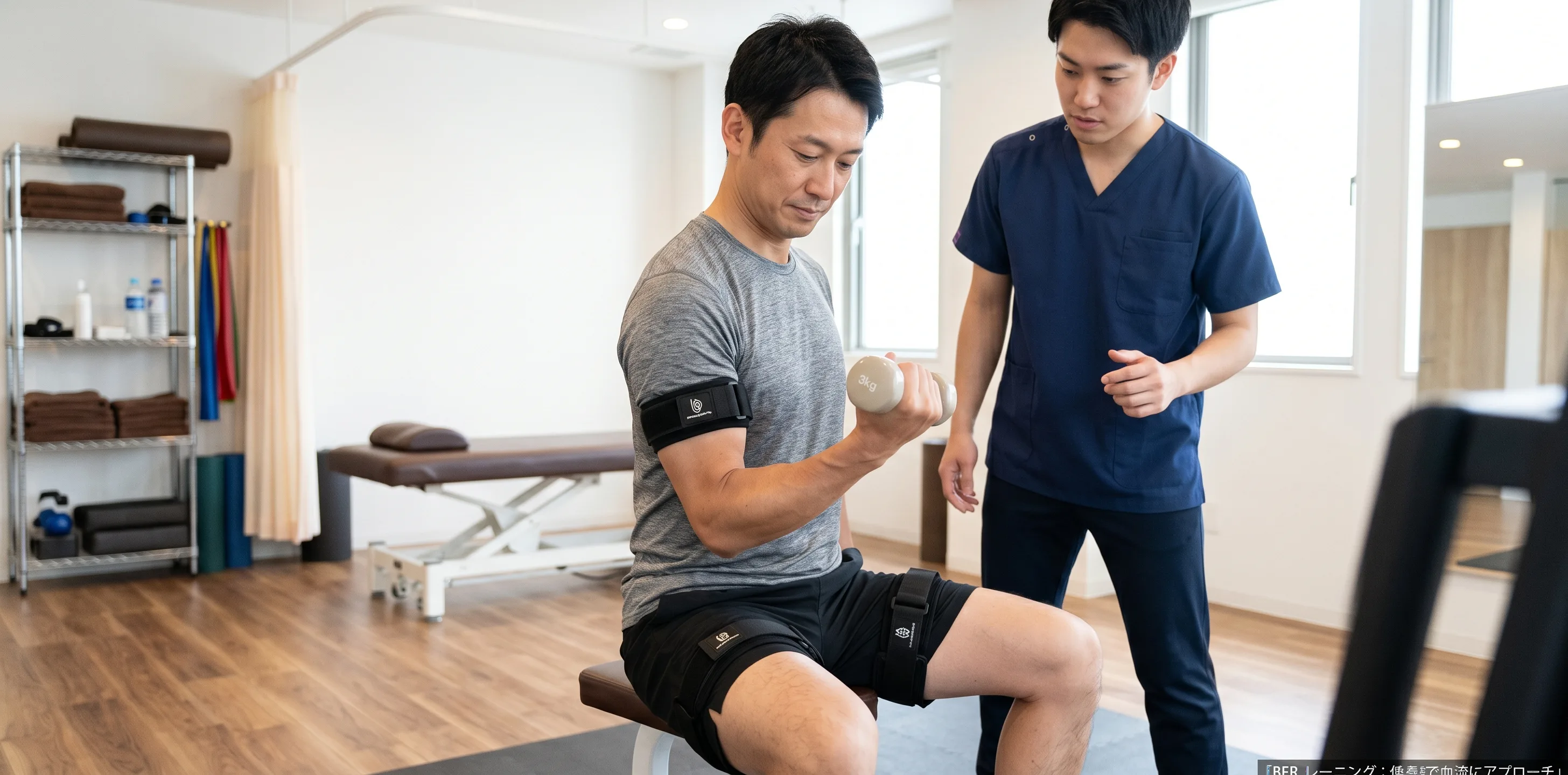 BFRトレーニング中のイメージ：上腕に専用ベルトを装着して低負荷の運動を行う