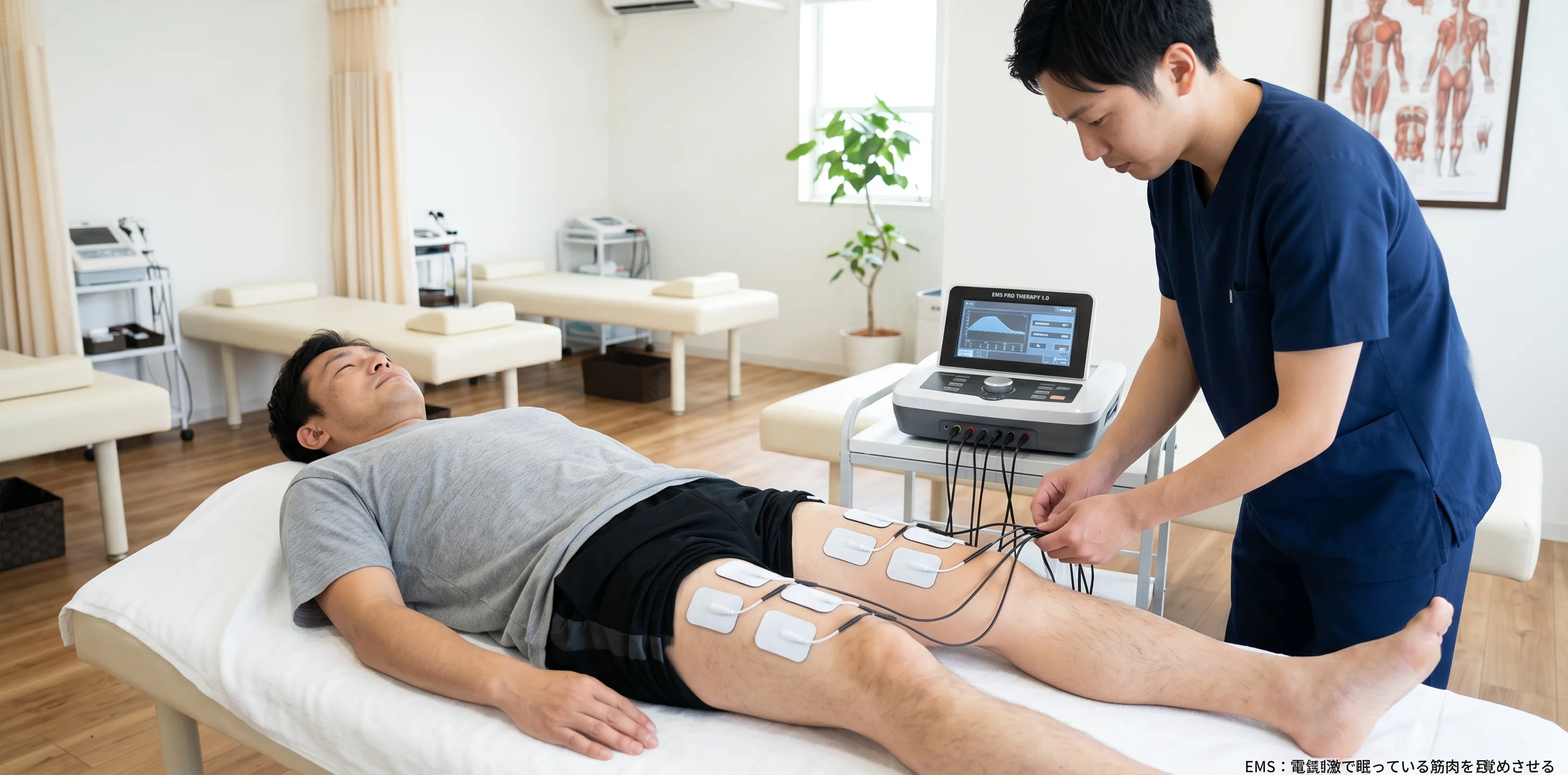 EMSパッド貼付中のイメージ：太もも前面に専用パッドを貼り、電気刺激で深層筋にアプローチ