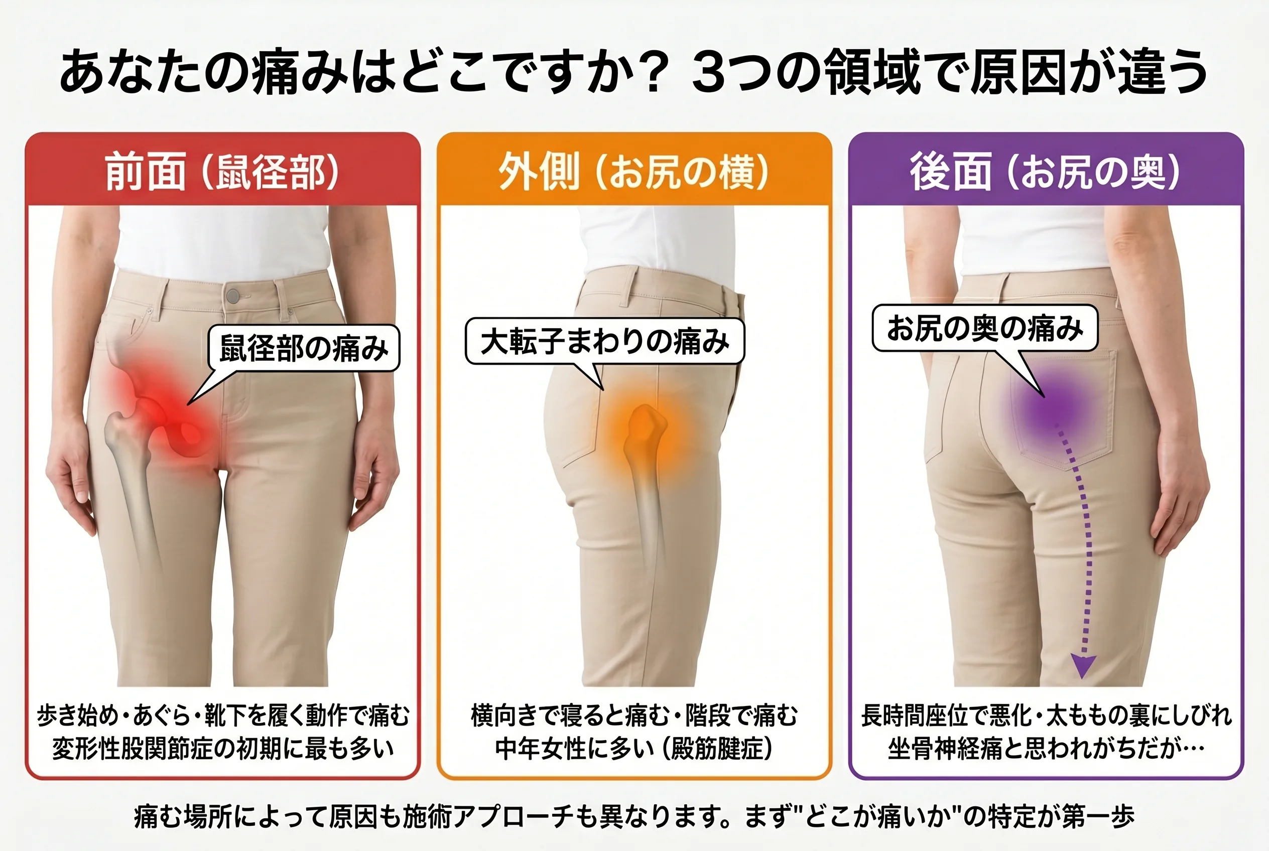 股関節の3つの痛みの領域マップ：前面(鼠径部)・外側(お尻の横)・後面(お尻の奥)