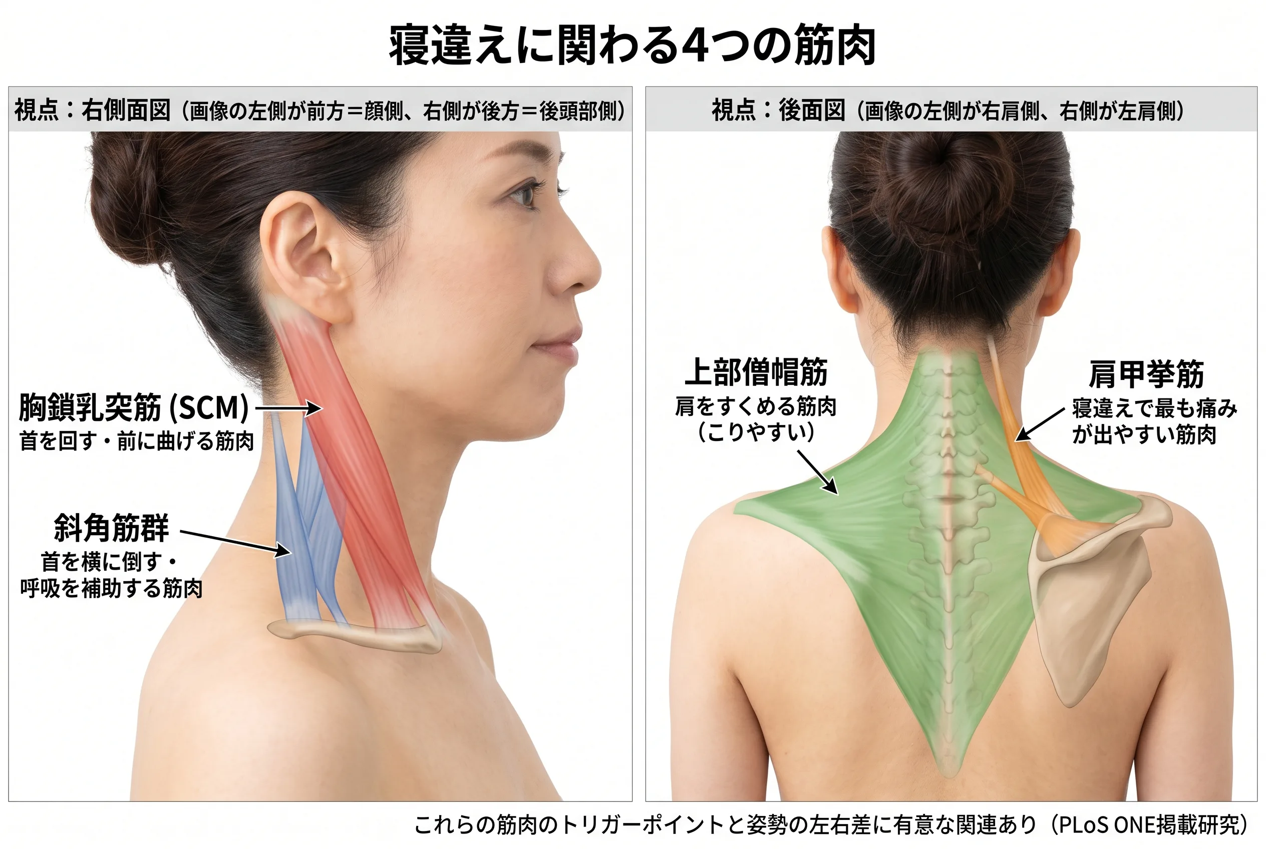 寝違えに関わる4つの筋肉の位置図：胸鎖乳突筋・斜角筋群・上部僧帽筋・肩甲挙筋