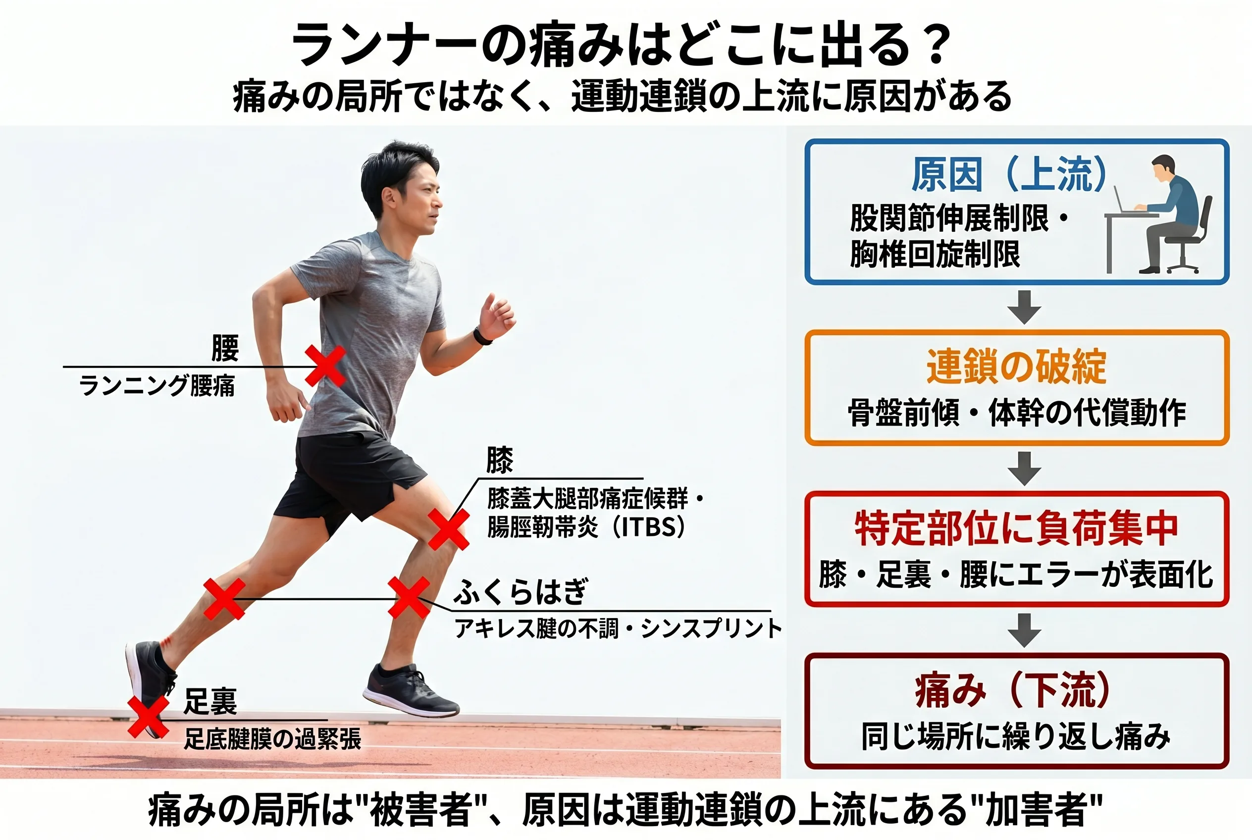ランナーの障害部位マップ：腰・膝の外側・ふくらはぎ・足裏の4部位と運動連鎖の上流から下流への流れ