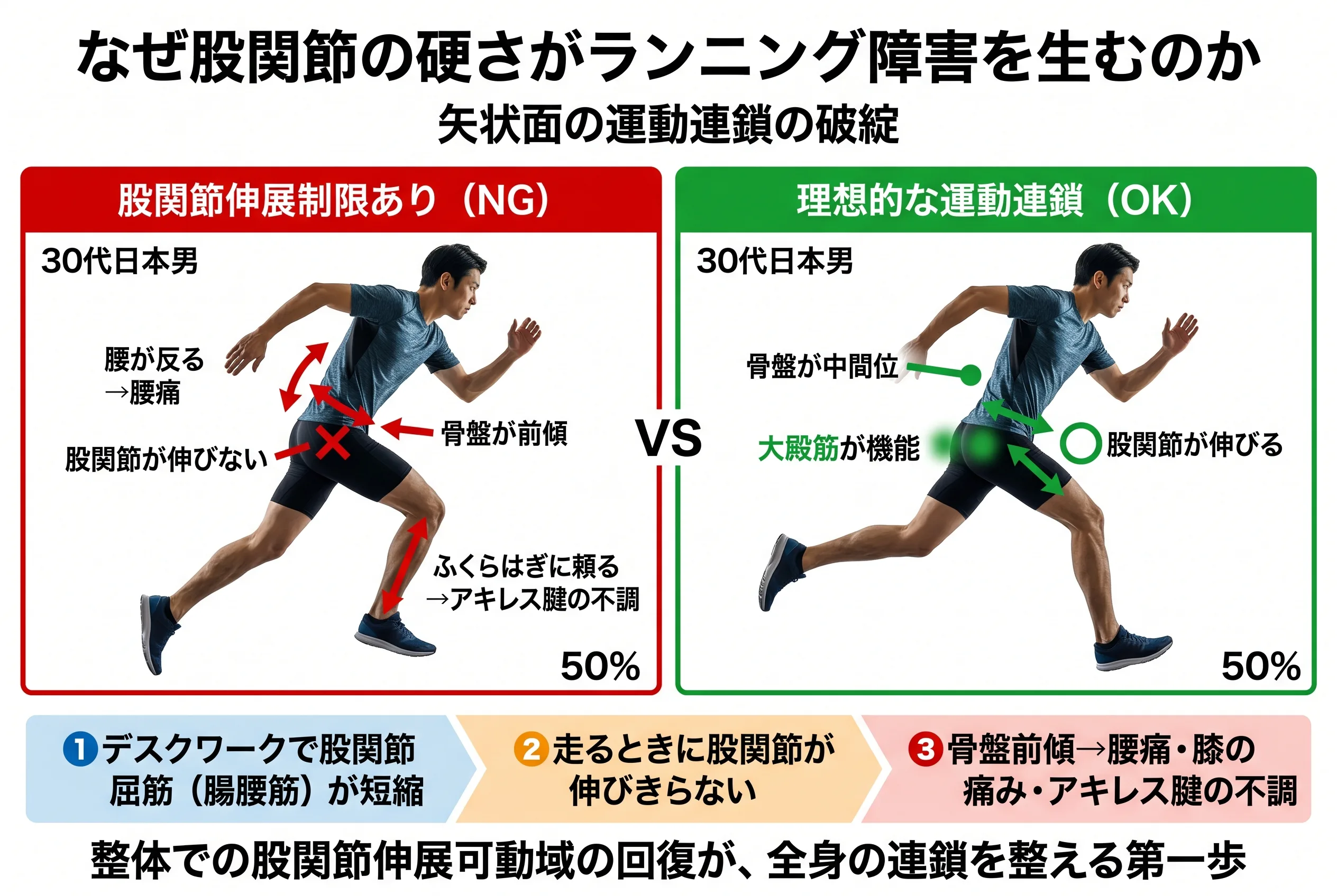 股関節伸展制限の影響比較図：股関節が伸びないNGフォーム vs 理想的な運動連鎖のOKフォーム