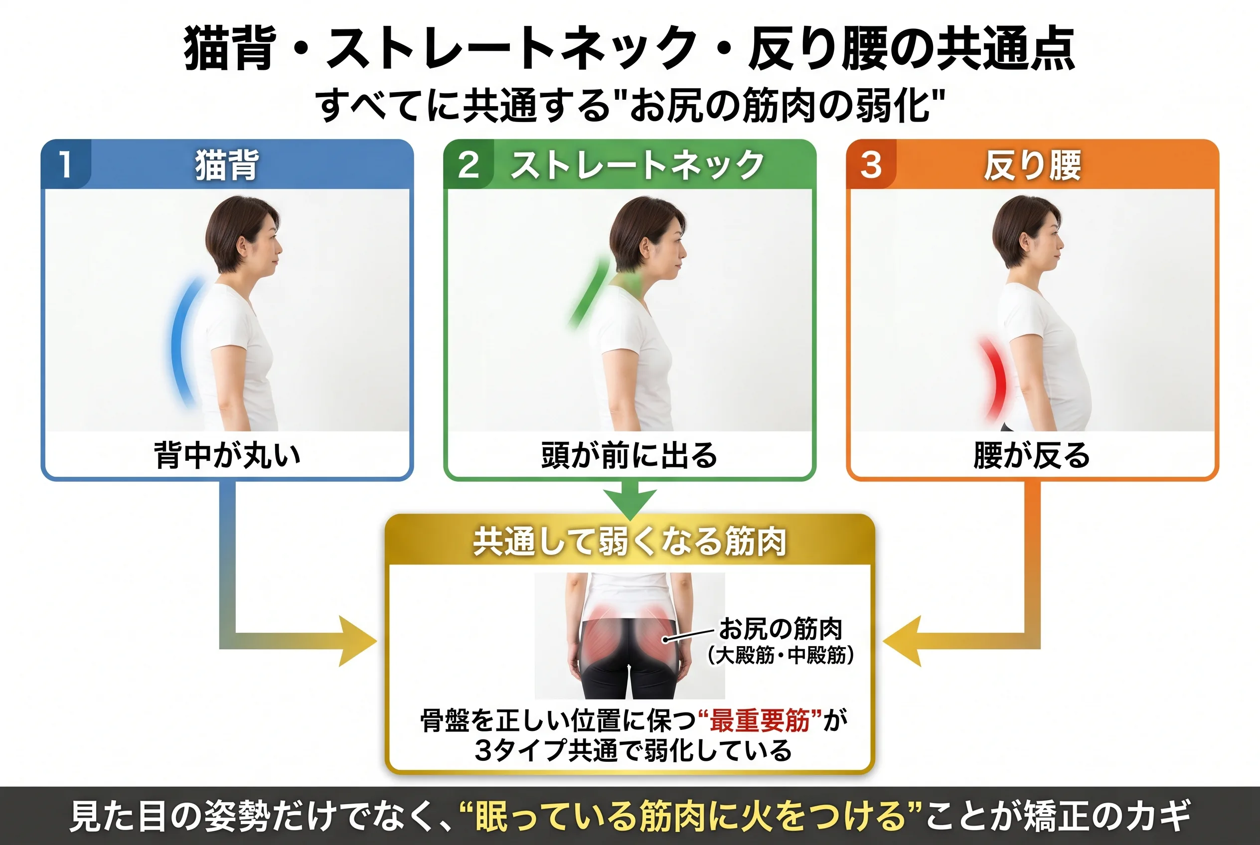 猫背・ストレートネック・反り腰の共通点：3タイプすべてに共通するお尻の筋肉(大殿筋・中殿筋)の弱化
